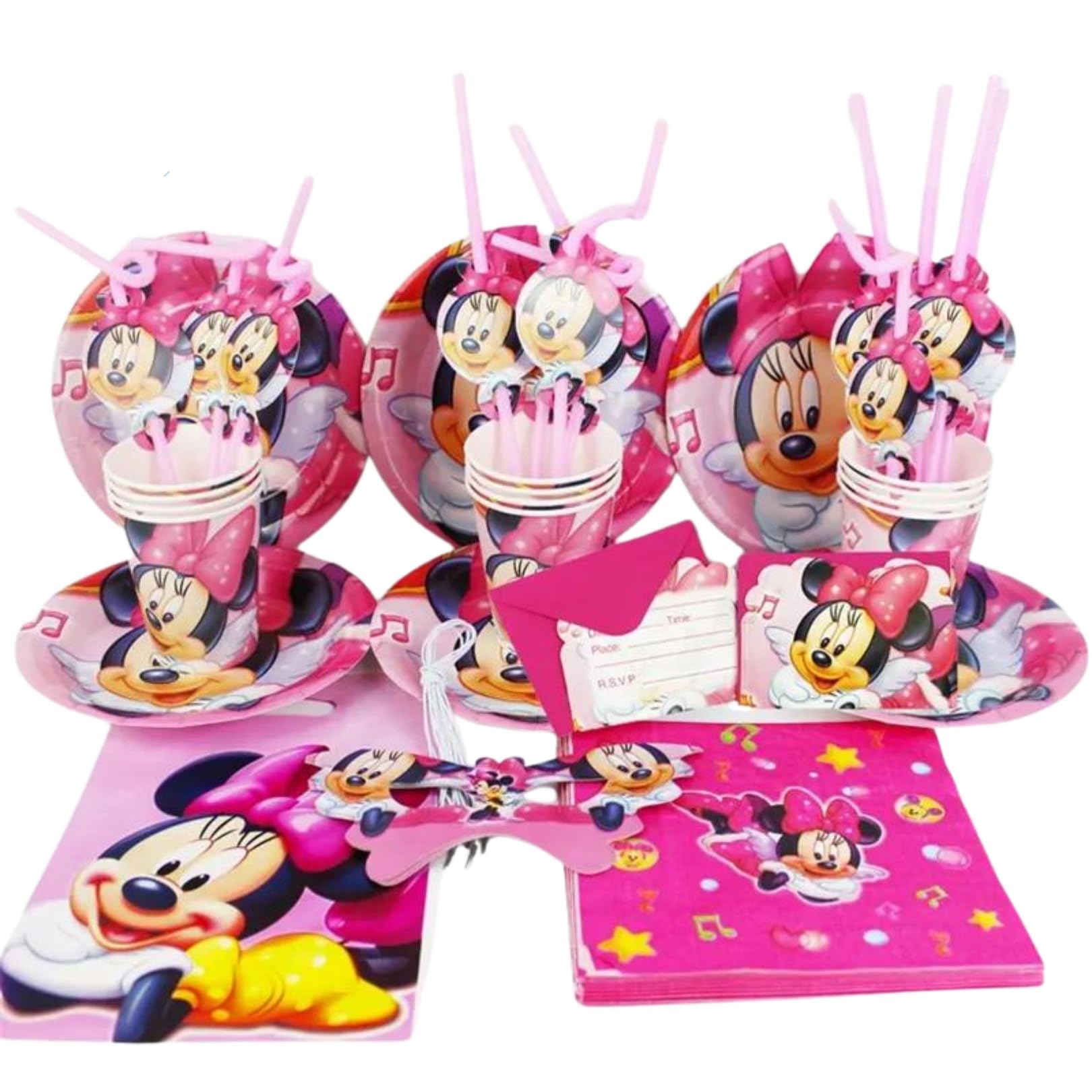 Remy Belle 180 pcs Minnie Mousse Theme Party Set Disposable Tableware, Party Supplies, Kids Favor Birthday Decoration Props, Baby shower tableware kit with plates, forks, knifes 16 items