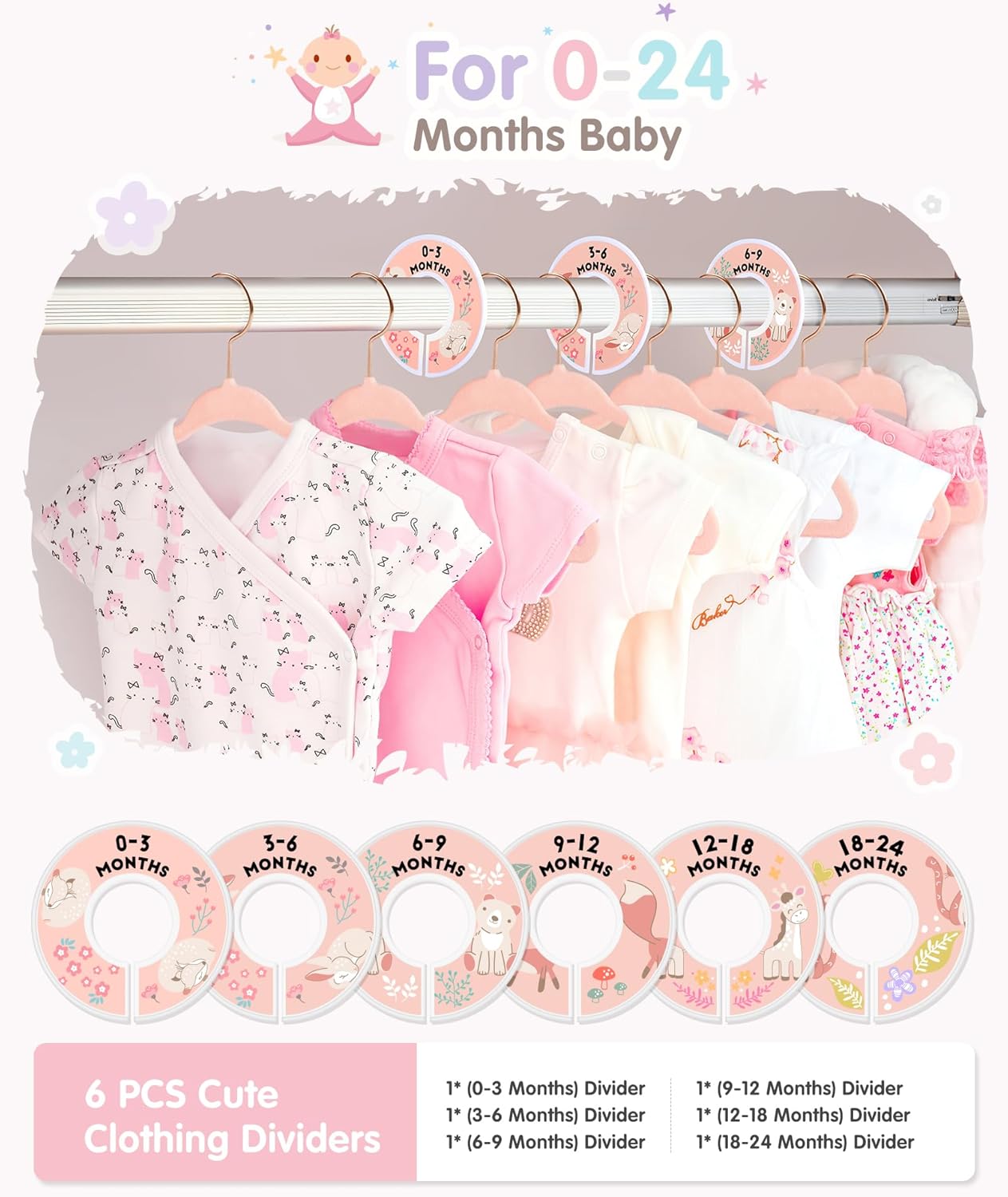 VIS'V Baby Hangers, 11 Inch Velvet Kids Hangers with 6 Pcs Clothes Size Dividers, Infant Toddler Nursery Closet Organization, Non Slip, Pink, 30 Pcs - Image 2