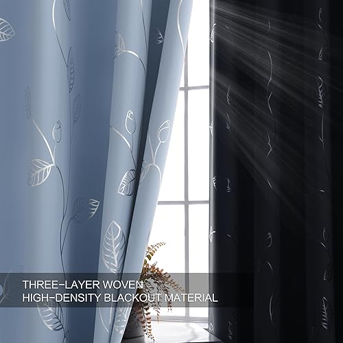 Miniatura 6 de BUHUA Cortinas opacas con estampado de hojas plateadas onduladas para sala de estar, cortinas de oscurecimiento con bloqueo de luz para dormitorio,