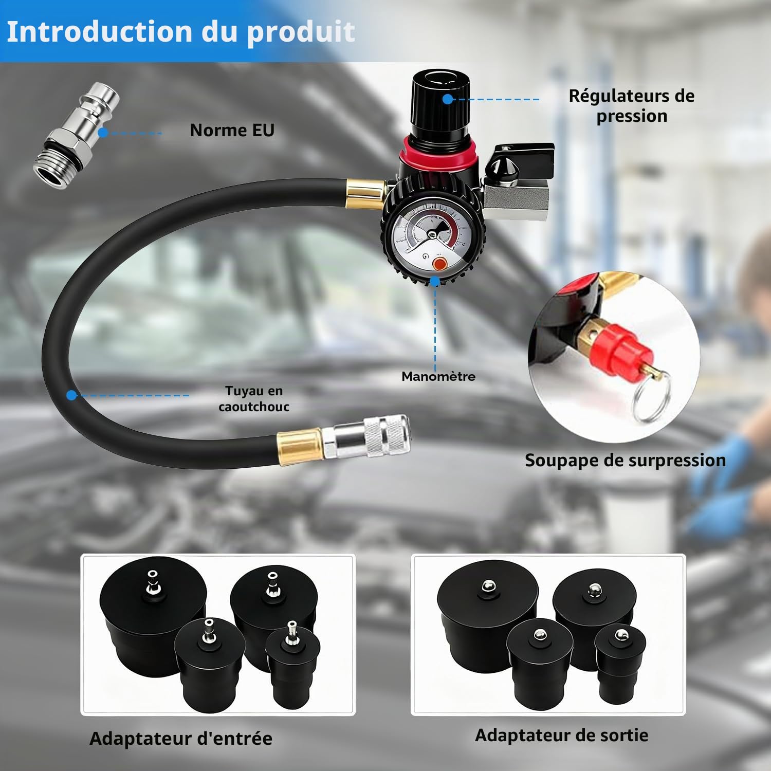 Testeur Fuite du Système Turbo, 9 Pièces Kit de Test de Fuite de Suralimentation, Test Fuite Boost du Système Refroidissement avec Testeur de Manomètre, Testeur de Pression 60 Bar à 80PSI