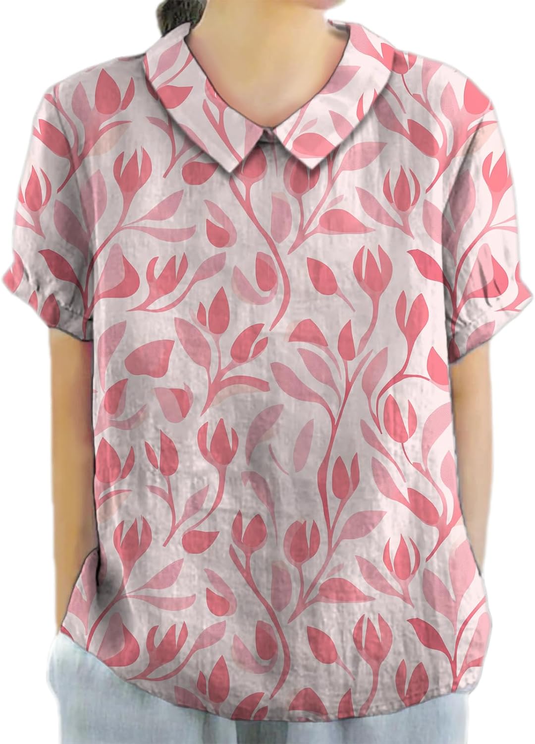 Linen Shirts for Women Summer Looseweight Short Sleeve Tunic Tshirts Cute Doll Collared Tops Holiday Casual Blouses