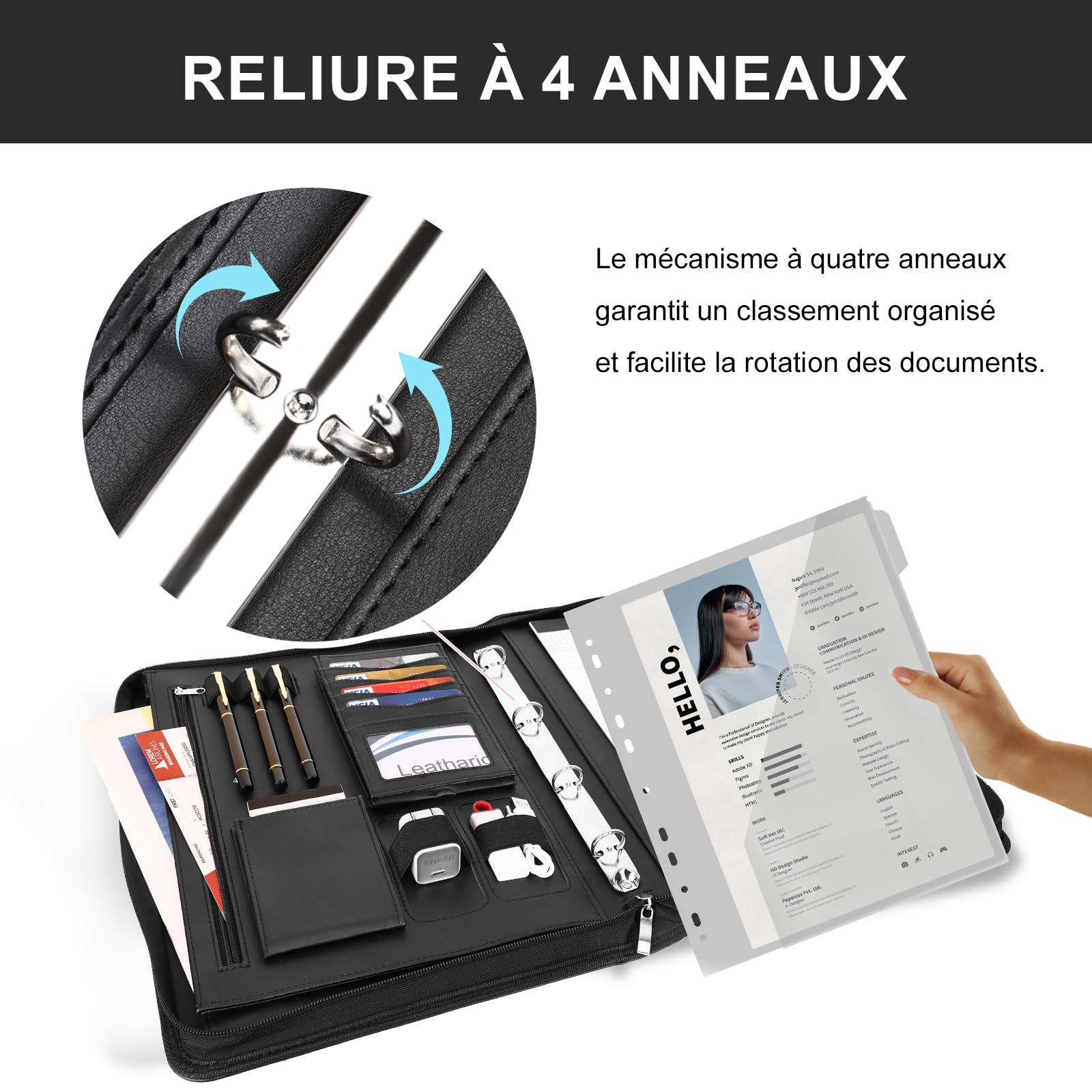 Leathario Porte Documents A4 Portfolio, Organiseur de Conférence 4 Reliures à Anneaux avec 5 Séparateurs, Carnet d'Écriture - Dossier de Présentation Professionnel