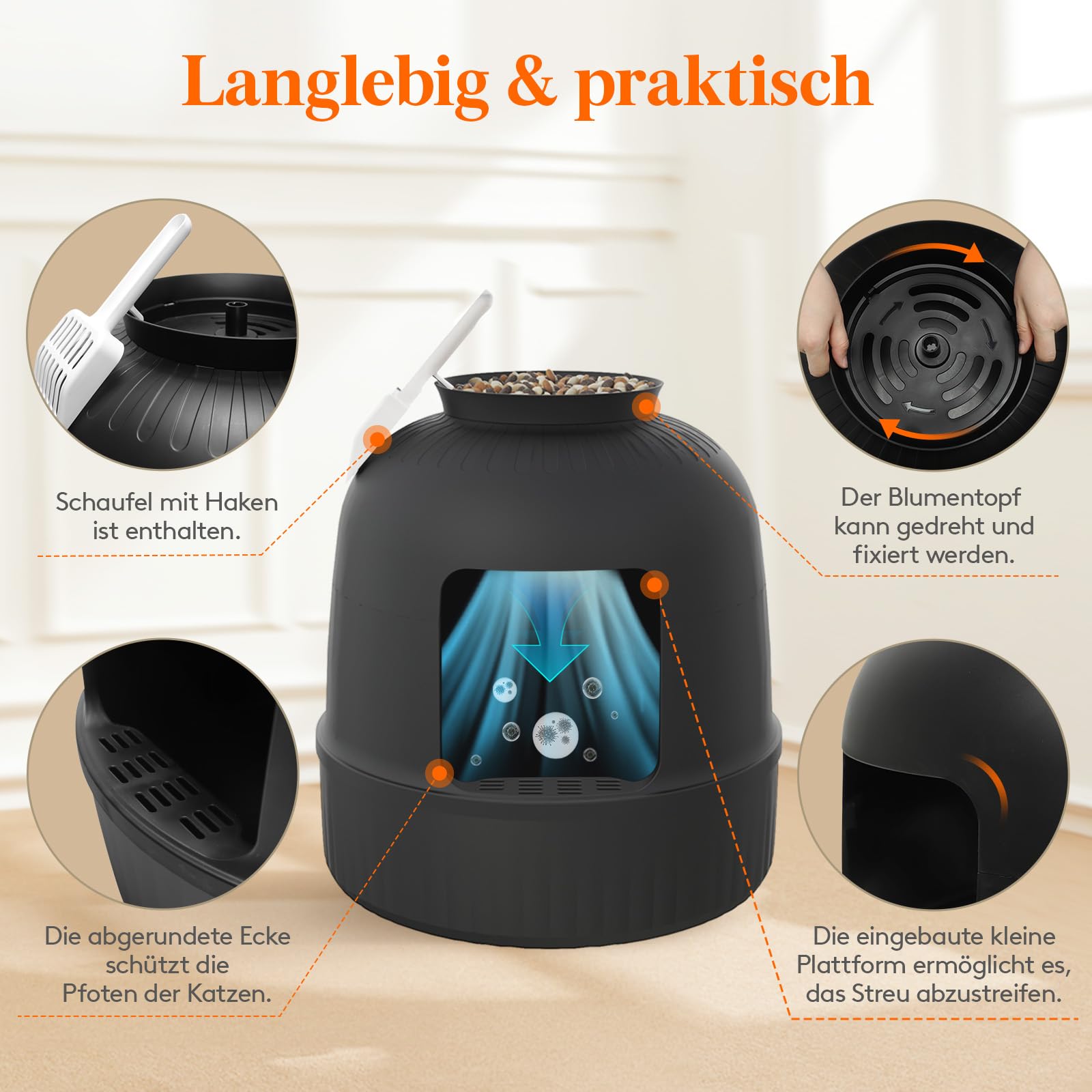 Lifewit Katzenklo Blumentopf mit Pflanze & Schaufel, Katzenklo Versteckt, Katzentoilette XXL mit Geruchskontrolle & Kohlefilter, Wohnzimmer, Schlafzimmer, Ecke, Schwarz