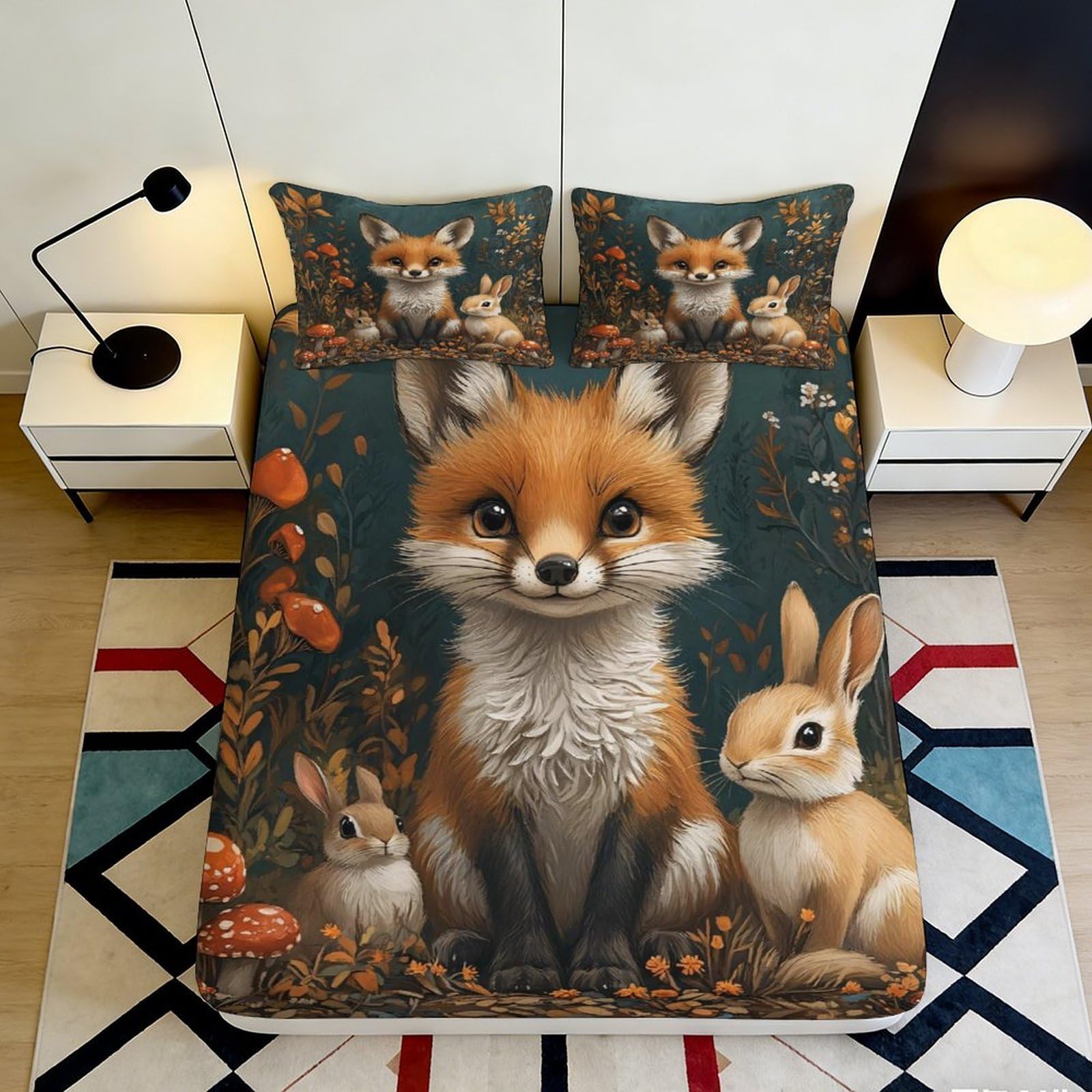 Pnayamiorkfel Style-8 3D Printed Fox Forest Fitted Sheet Microfiber Soft Breathable Rabbit Woodland Mattress Cover For Bedroom Decor 90X200x25cm