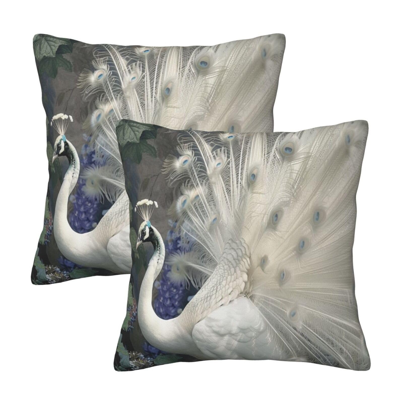 kkvhhyuo White Peacock Print Pillow Covers Set of 2, Square Decorative Cushion Covers with Hidden Zipper, Throw Pillow Cases for Living Room Sofa Bed Chair, 50x50 cm