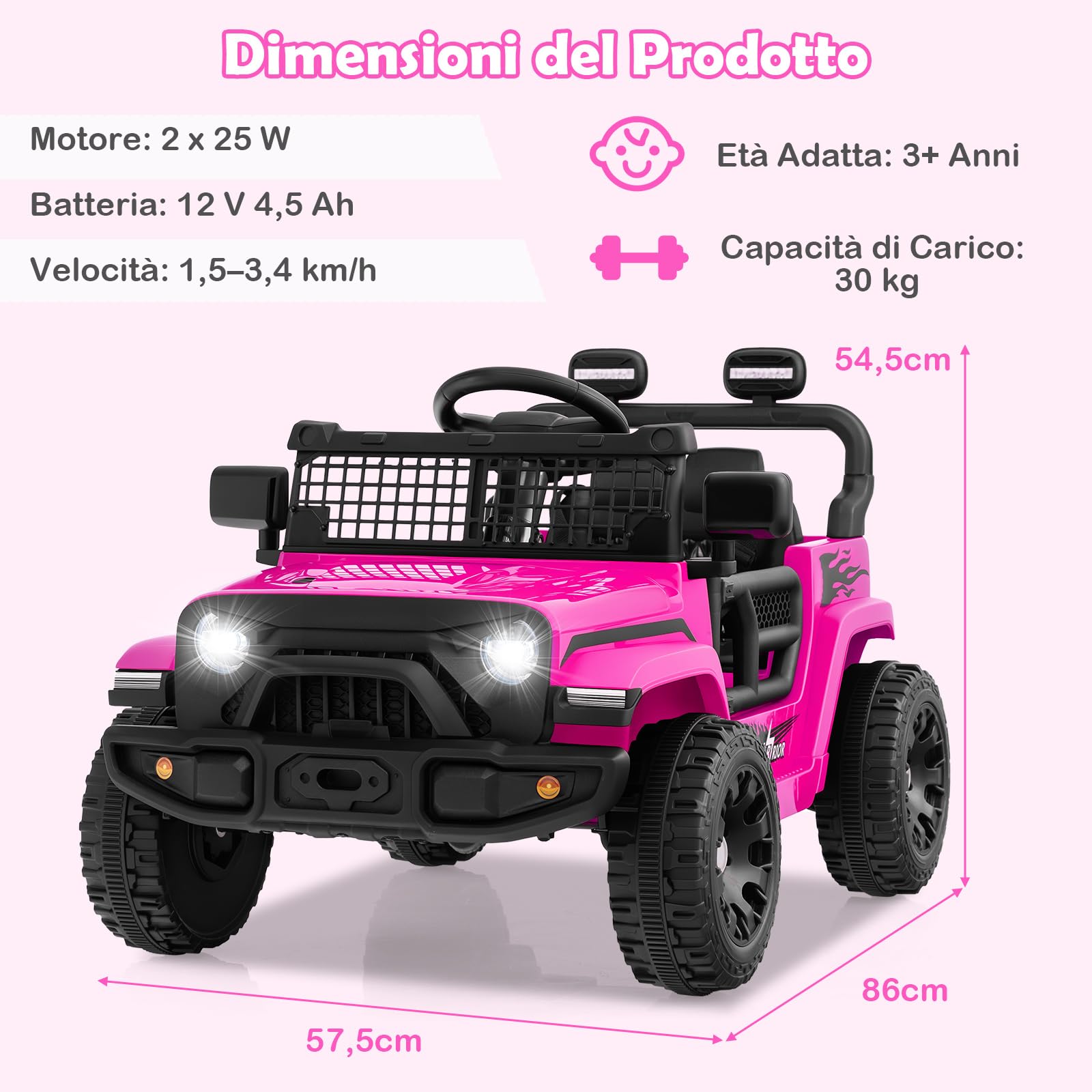 COSTWAY 12V Macchina elettrcia per Bambini, Auto con Telecomando 3 Velocità Luci LED Musica, Doppi Motori, Veicolo Elettrico per Bambini 3+ Anni, Carico 30 kg (Rosa)