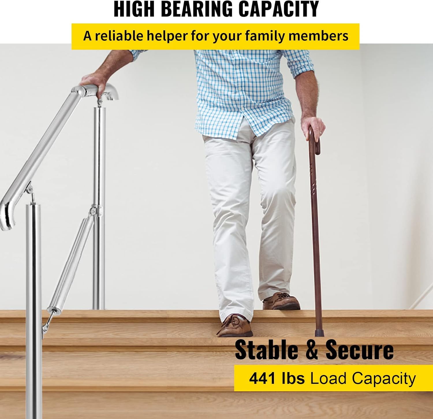Vevor Stainless Steel Transitional Handrail fit for Level Surface and 2 to 3 Adjustable Stair Indoor Outdoor Step Railings 441lb Capacity W/Installation Kit Porch DIY, Silver - Amazon.com