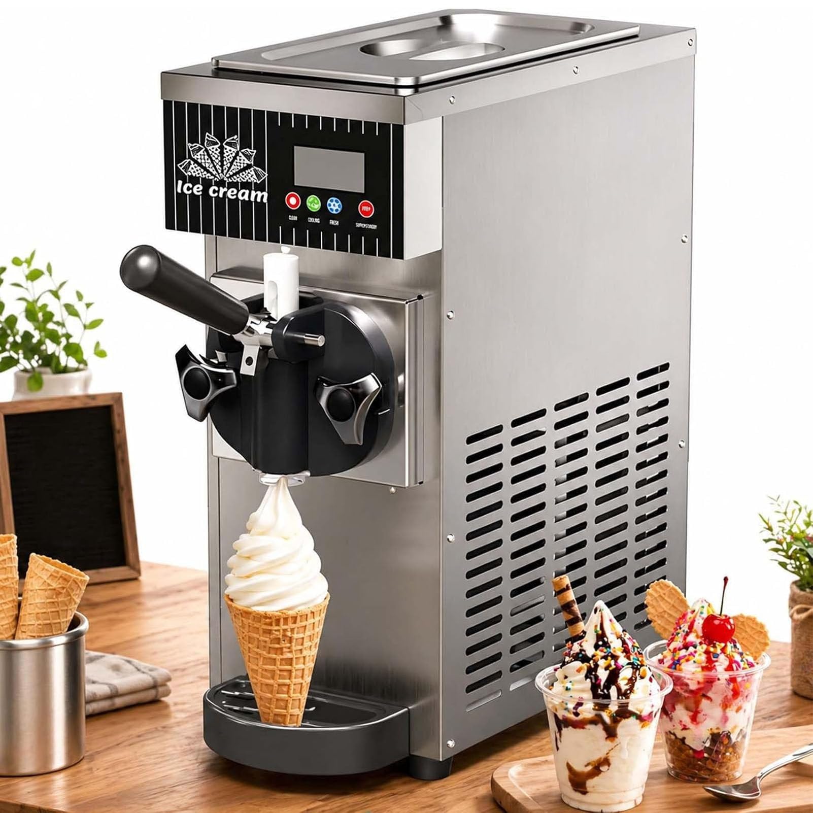 PioMue Soft Serve Ice Cream Machine for Home,Countertop Soft Serve Ice Cream Maker,4-5 Kg/H Yield,LCD Panel Soft Serve Maker Single Flavor Soft Serve Ice Cream Machine StainlessSteel