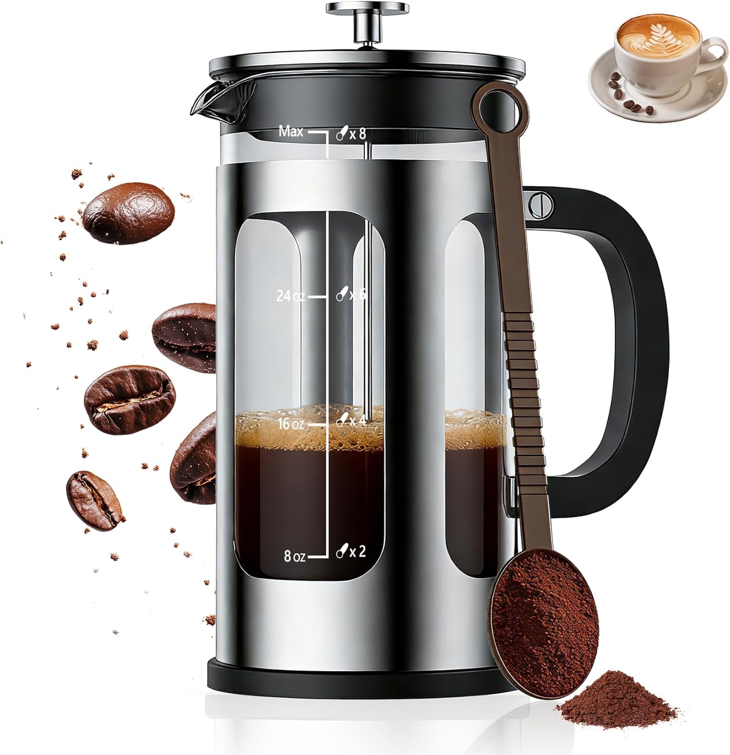 French Press Coffee Maker 34oz, Heat Resistant Thickened Glass Stainless Steel Brewer, No Plastic Touching Cafe, 4-Level Filtration, Cold Brew Cafe/Tea Pot for Kitchen Camping Travel, Gifts, Bar