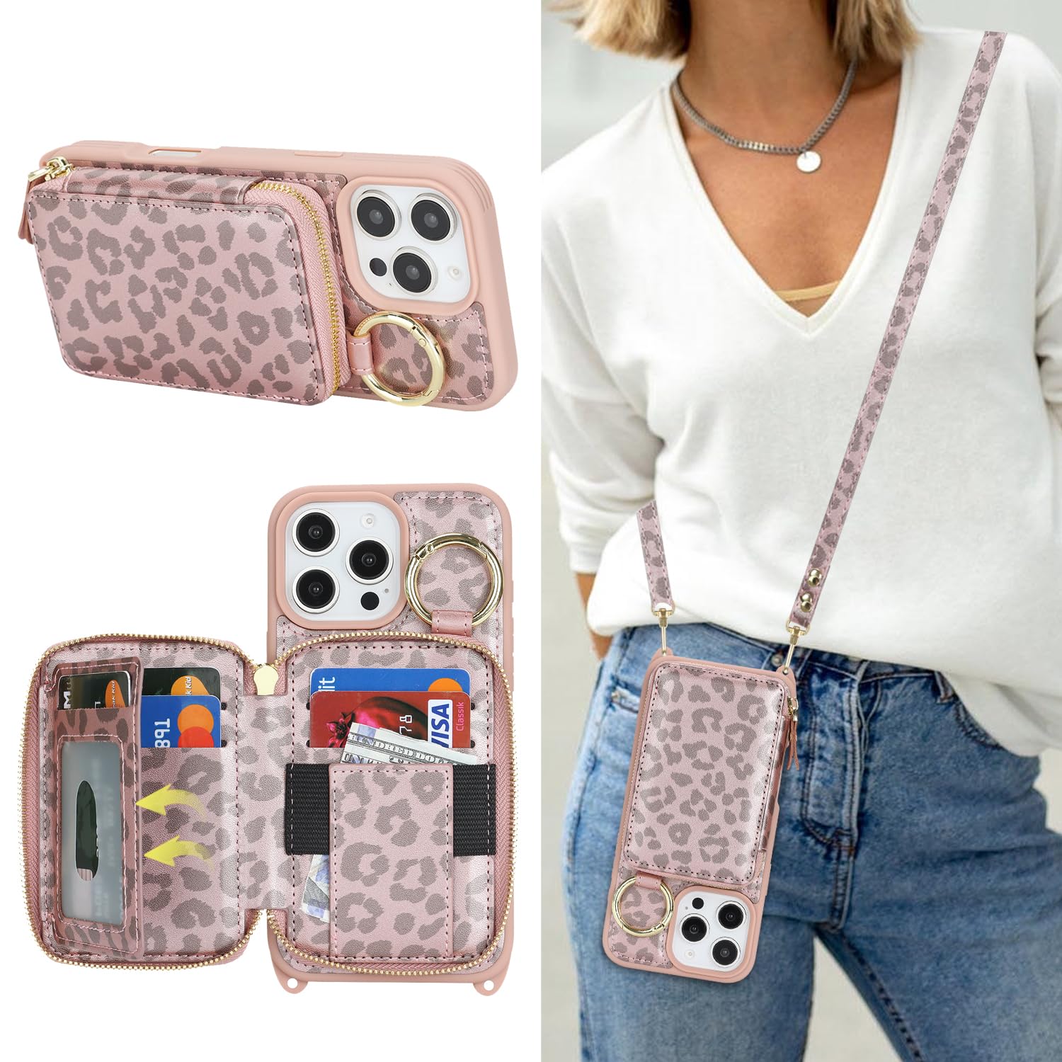 Crossbody Wallet Case for iPhone 16 Pro Max-Pink Leopard