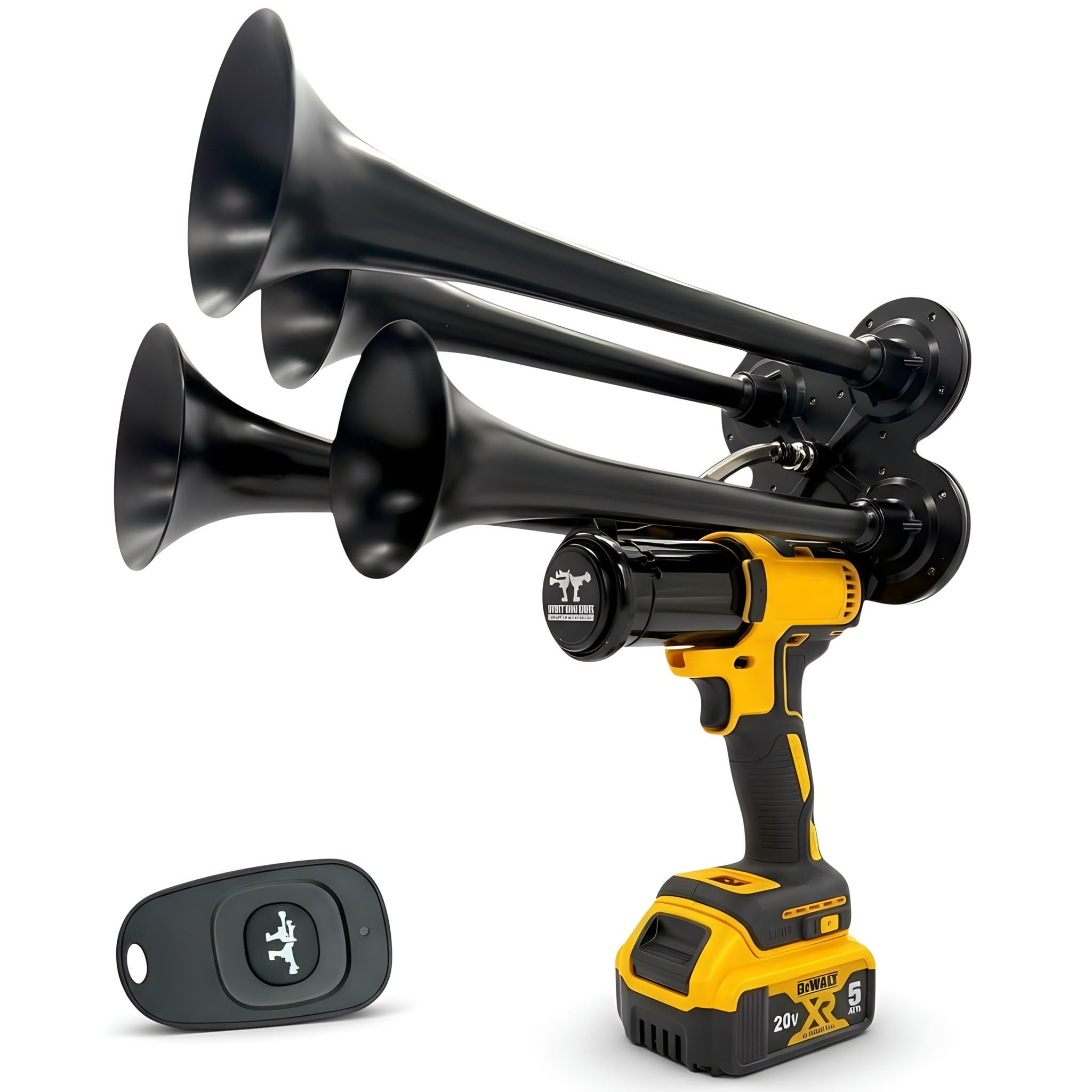 Impact Train Horn – Remote-Controlled, 150 dB, Cordless Drill Air Horn with Quad Metal Trumpets