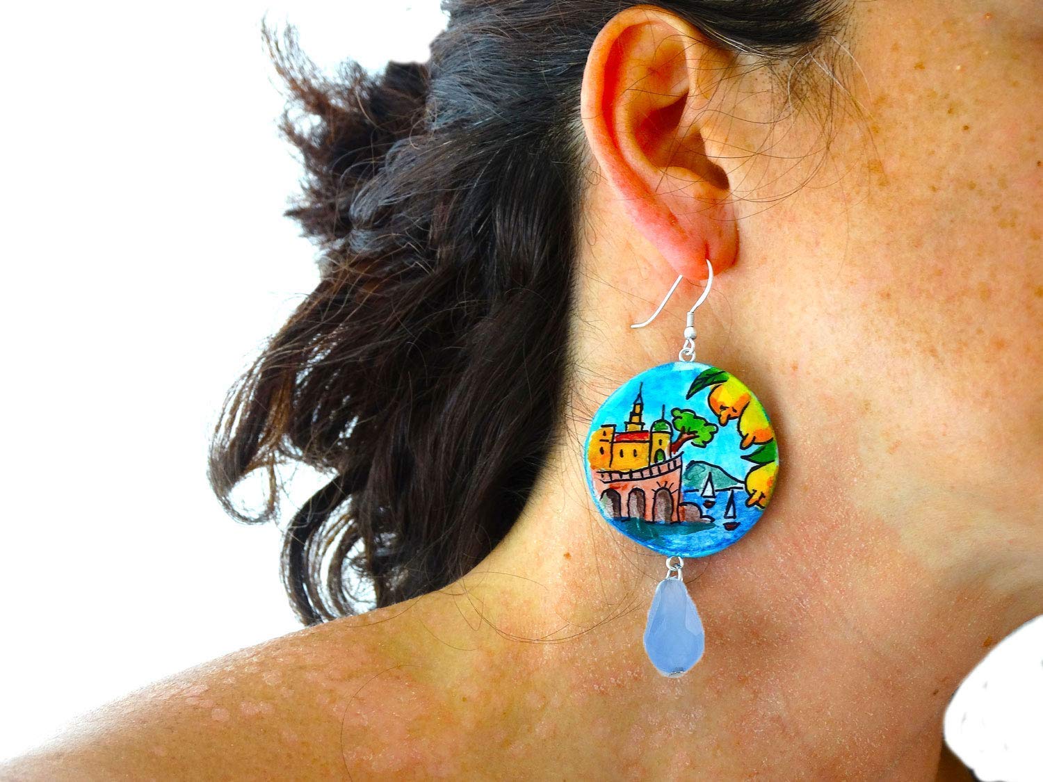 Boucles d'oreilles en céramique peintes à la main - AMALFI EN CÉRAMIQUE - Boucles d'oreilles pendantes pour femme, Bijoux en céramique peinte, Crochet en argent, Fabriqué en Italie, Bijoux, Artisanat