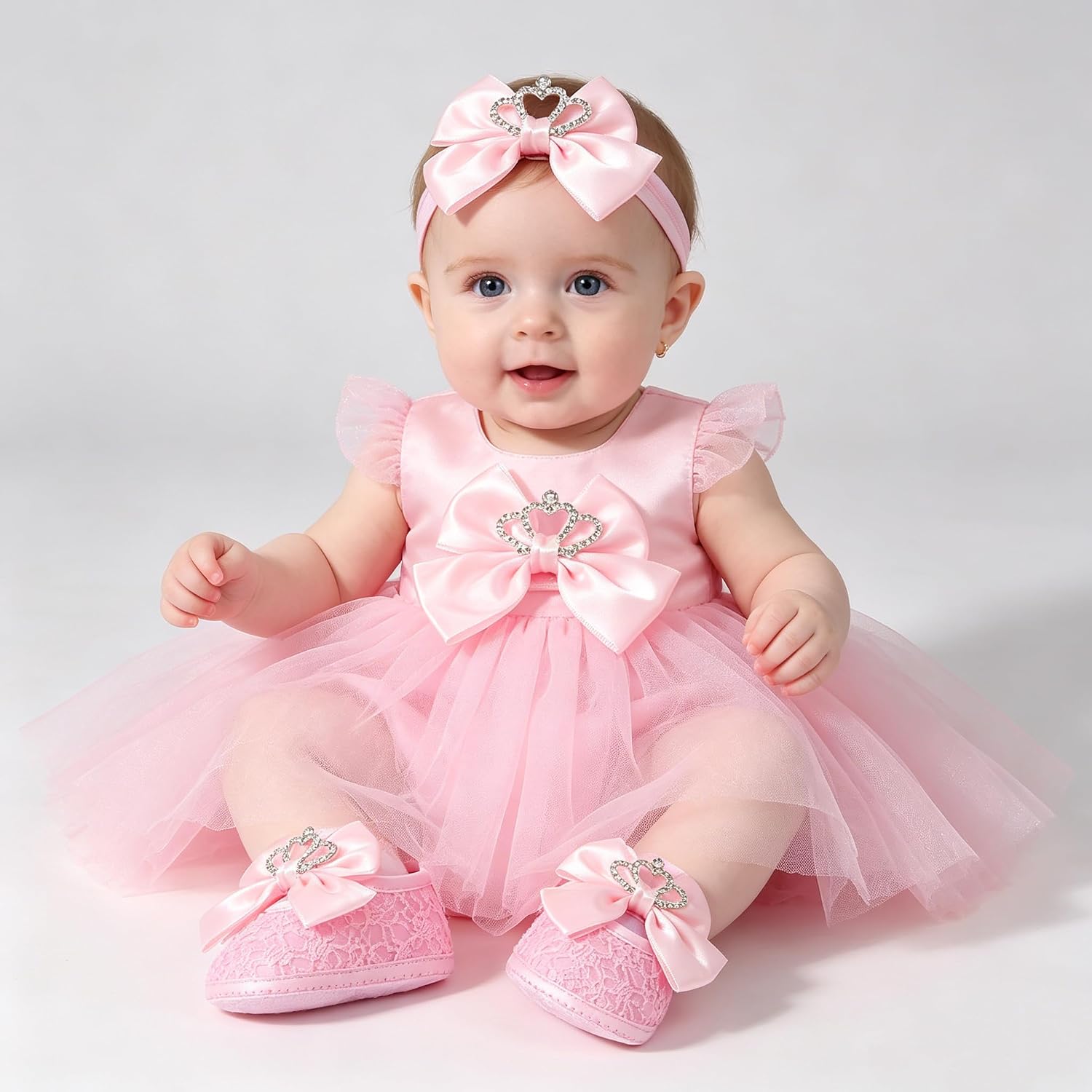 Newbron Baby Girls Mary Jane Shoes with Headband Soft Sole Anti-skidding Crown Bowknot Lace Princess Flats Infant Shower Wedding Dress Crib Shoes