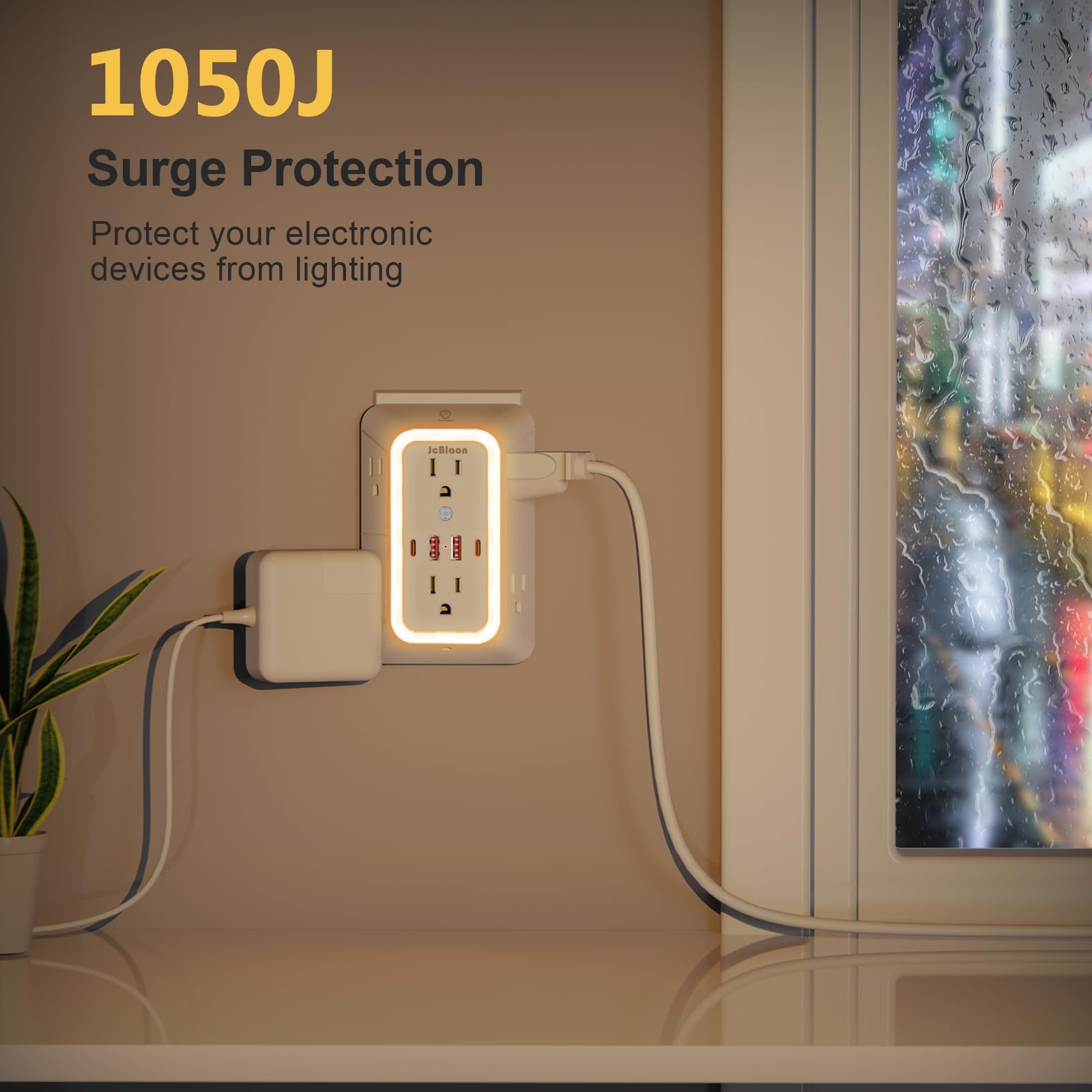 Steckdosenverlängerung mit Nachtlicht, Netzstecker-Adapter, 6 Steckdosenverlängerungen mit 4 USB-Ladeanschlüssen, 1050J Steckdosenleiste, Multi-Stecker-Adapter, Abstand für Zuhause, Reisen, Büro (2U2C