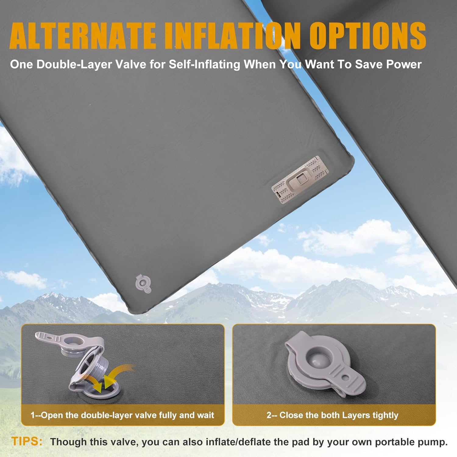 Self Inflating Sleeping Pad with Electric Pump, 3.14" Ultra-Thick Memory Foam Camping Mattress Pad with Pillow Fast Inflating in 30s,9.5 R-Value Insulated Camping Pad for Camping Car Travel, LightGrey - Image 6