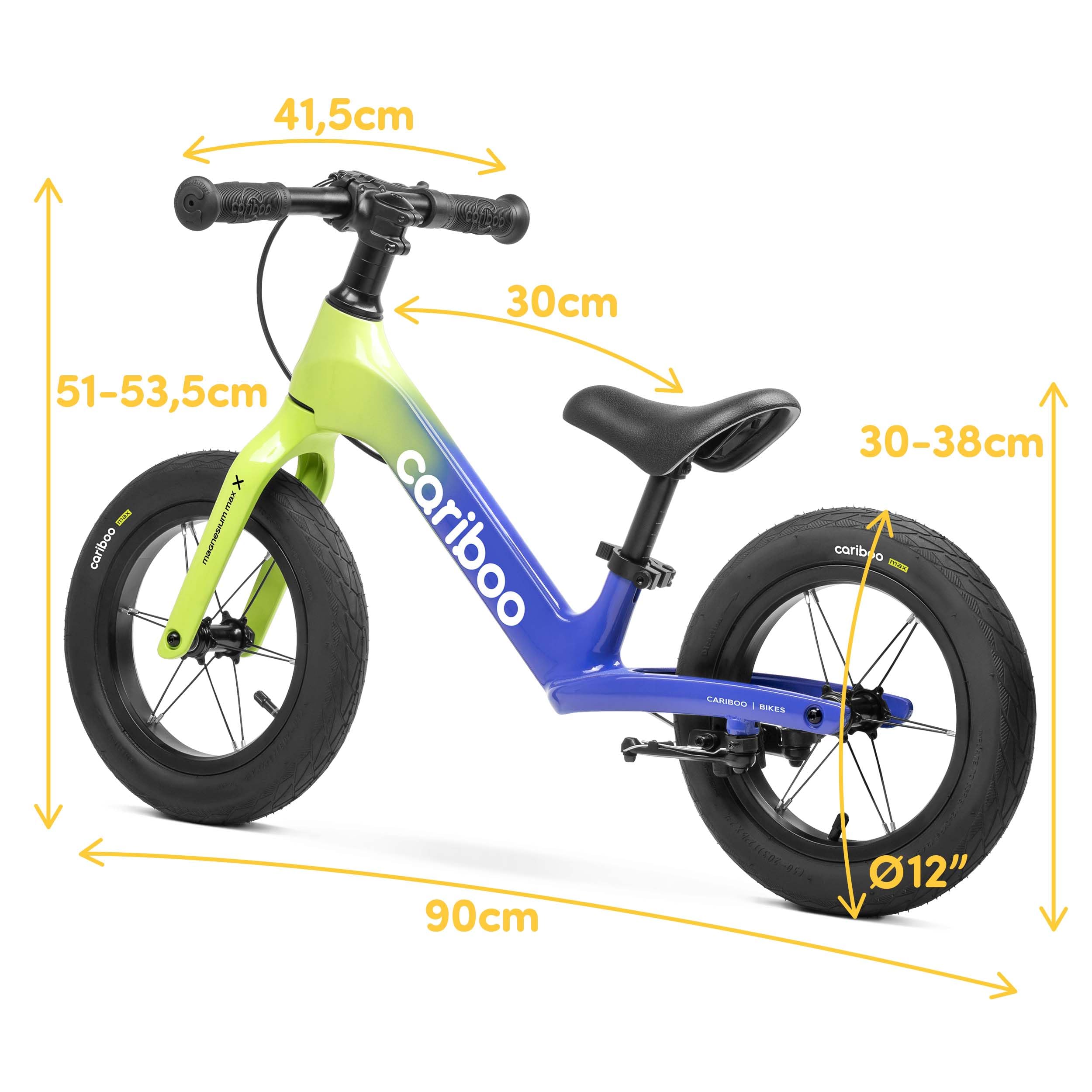 Cariboo Draisienne pour Enfants dès 2 Ans - Ultralégère 3,6 kg - Selle et Guidon Réglables - Cadre en Magnésium, Frein V-Brake - Charge Jusqu’à 30 kg - Magnesium Max Jaune Citron-Bleu