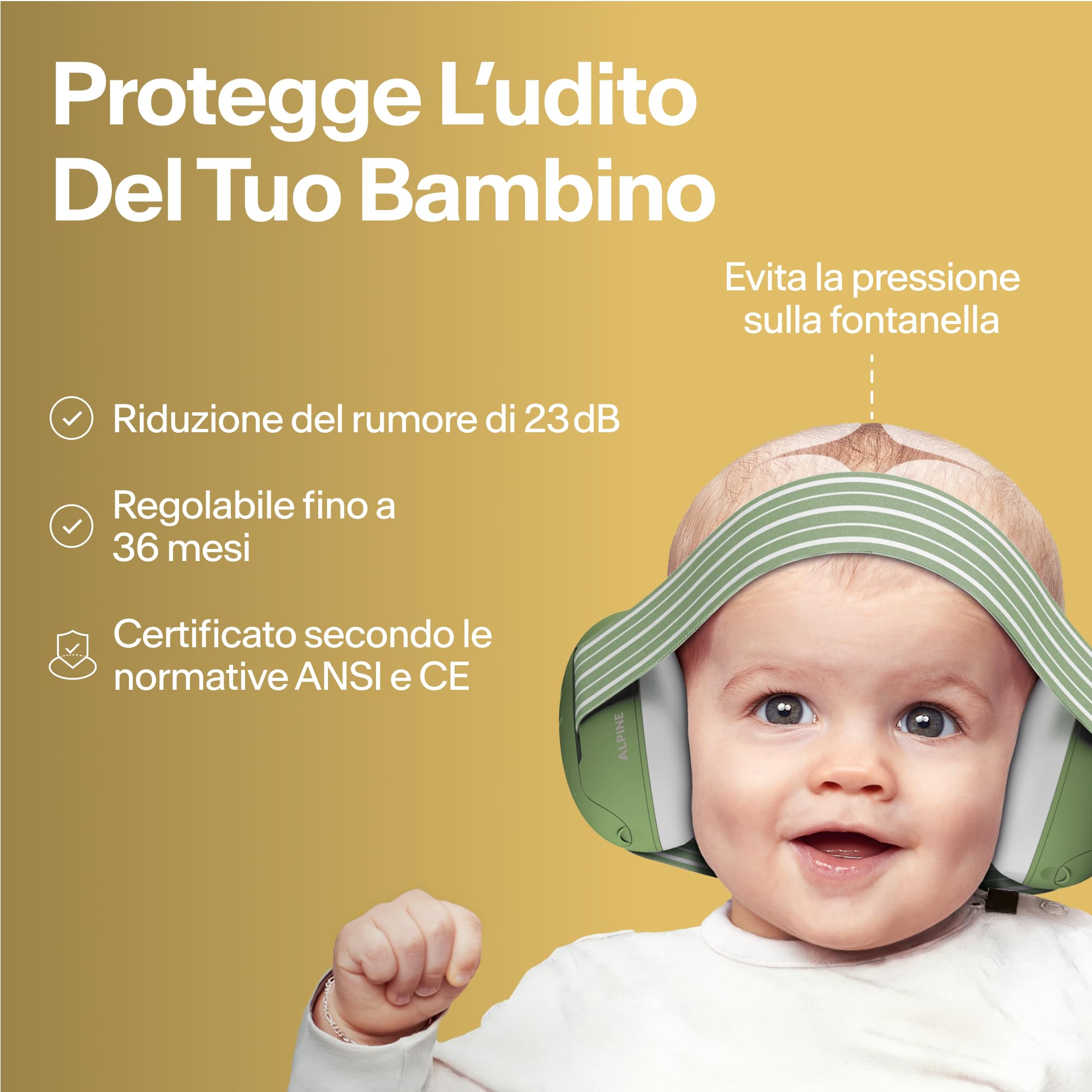 Alpine Muffy Baby - Cuffie antirumore per neonati e bambini piccoli fino a 36 mesi - Protettori acustici per neonati - Previene i danni dell’udito - Migliora il sonno in viaggio - Giallo