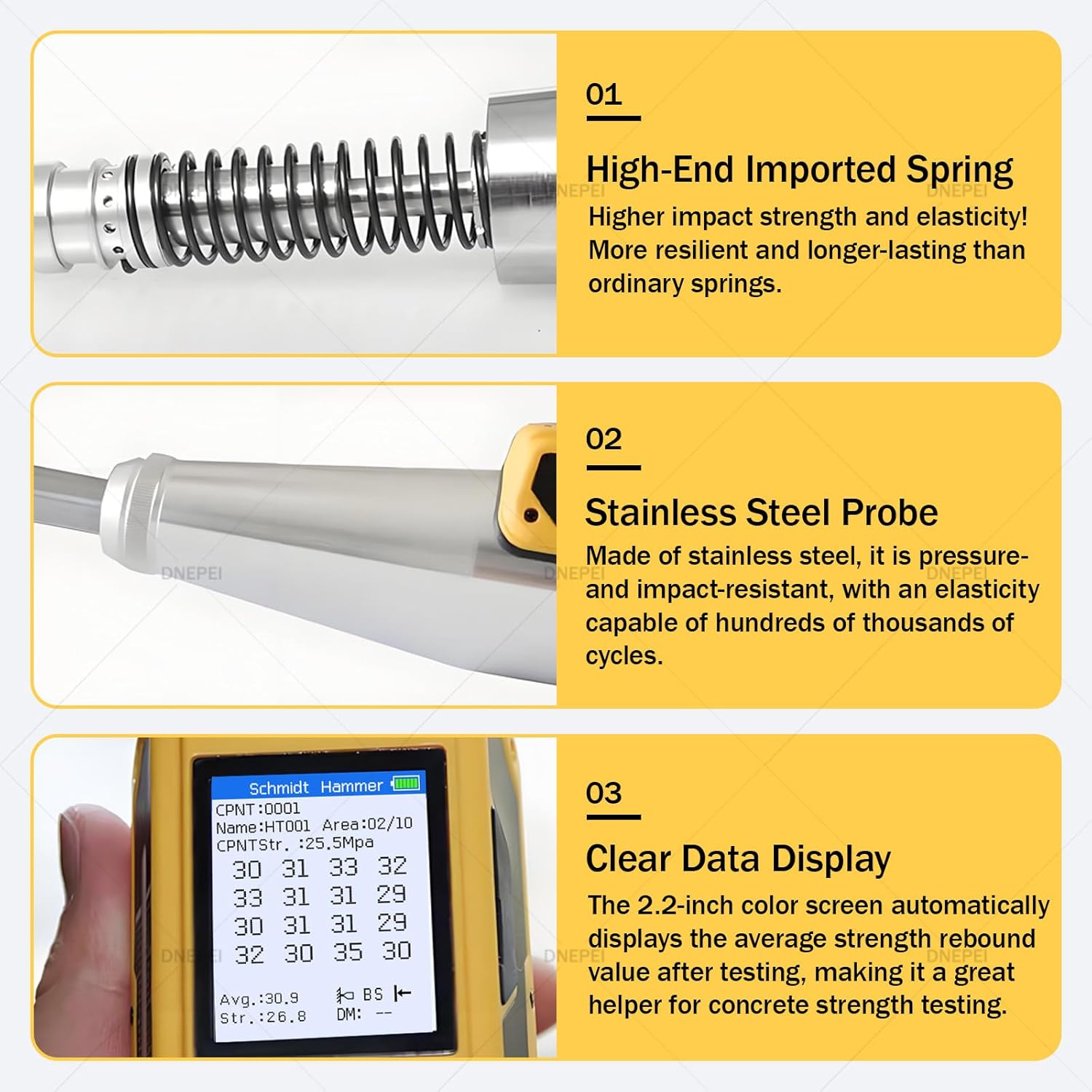 Smart Concrete Rebound Hammer with Data Export & Transmission – 2.207J Impact Energy, 75mm Plunger Stroke, Voice Broadcast for 10-60 MPa Testing