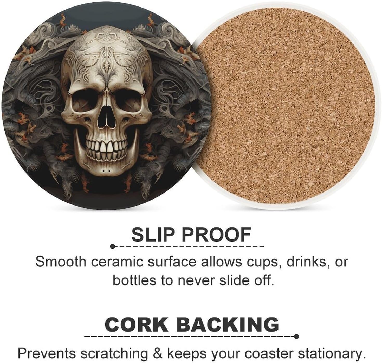 Skulls Coaster with Cork Base Drink Coasters for Coffee Table Decor Modern Cup Coasters with Non-Slip & Heat-Resistant Cute Ceramic Table Coaster for Home Dining