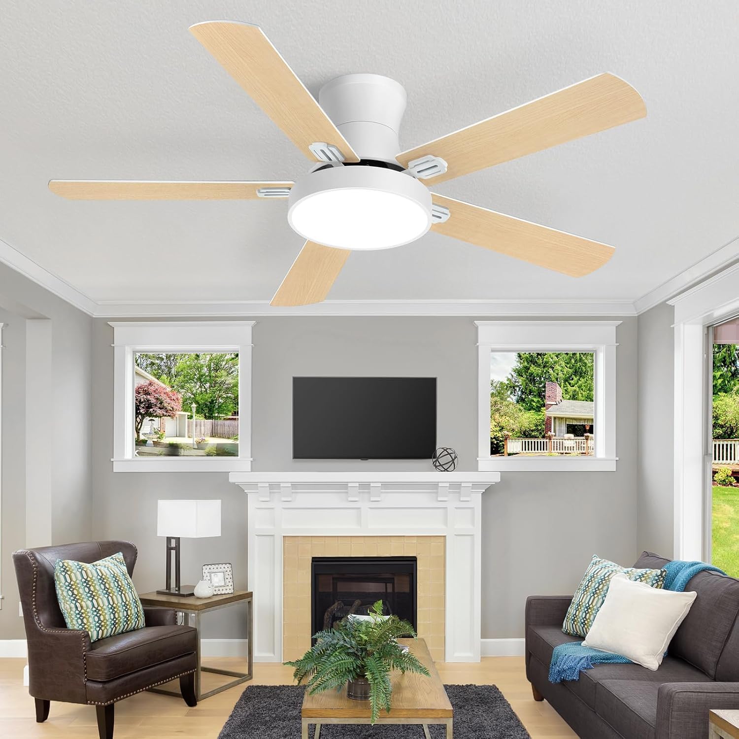 Ceiling Fans with Lights, 52 Inch Flush Mount Fan Light with Remote Control, 6 Speeds, DC Reversible Motor, Timing, 3 Color Temperature White Ceiling Fan for Bedroom Indoor Outdoor Use