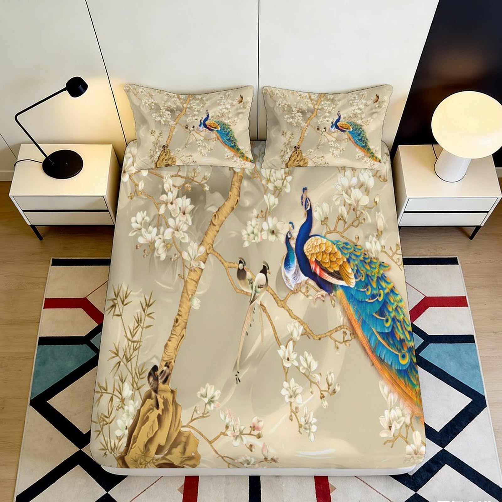 3D Printed Peacock Blossom Fitted Sheet Microfiber Soft Easy Care Bed Cover for Bedroom Guest Room Decor Anti Slip 90x200x25cm