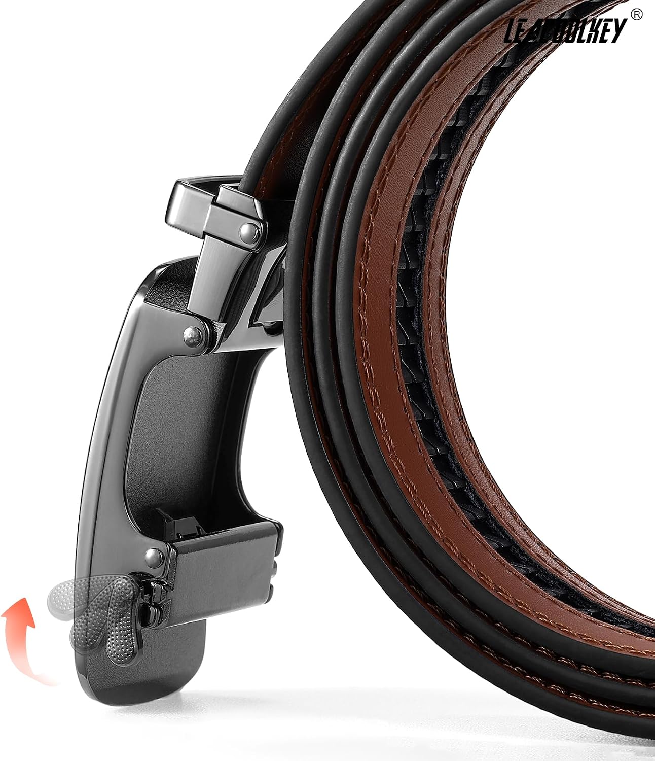 LEACOOLKEY Men's Leather Belt with Ratchet Automatic Buckle Adjustable Business Suit Men's Leather Belt Width 35 mm, Size Adjustable, Pack of 2 image 3