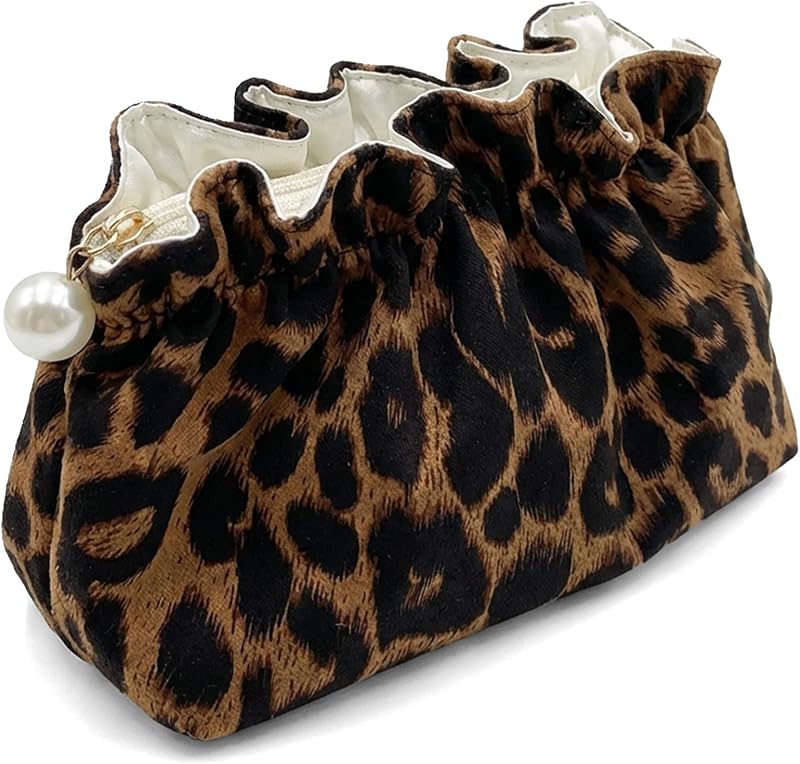 Necessaire de maquiagem Xllhjg com estampa de leopardo, zíper com detalhe de pérola e 1 unidade