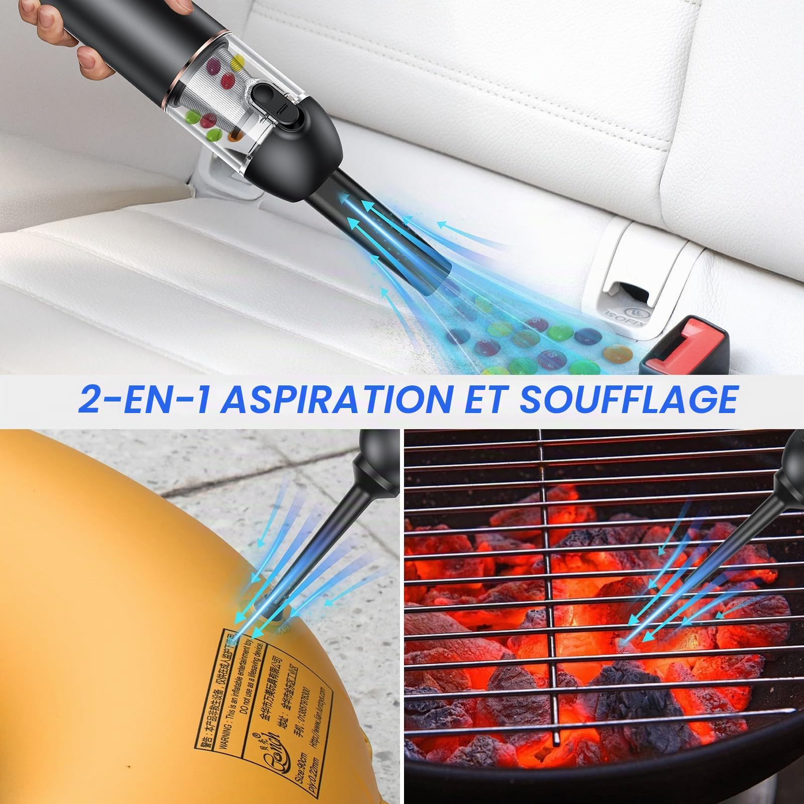 HOVIN Aspirateur à Main sans Fil - 20000pa Puissant Mini aspirateur pour Voiture, PC, canapé, Maison, Fissures et Coins - Accessoire de Voiture - Peut être utilisé comme Pompe de gonflage électrique