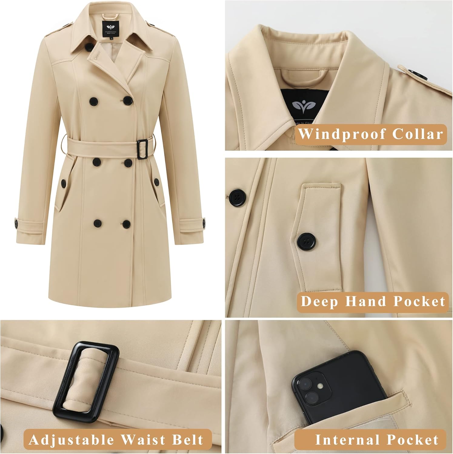 GGleaf Women's Trench Coat Double-Breasted Water Repellent Classic Overcoat Slim Outerwear Coat with Belt - Image 6