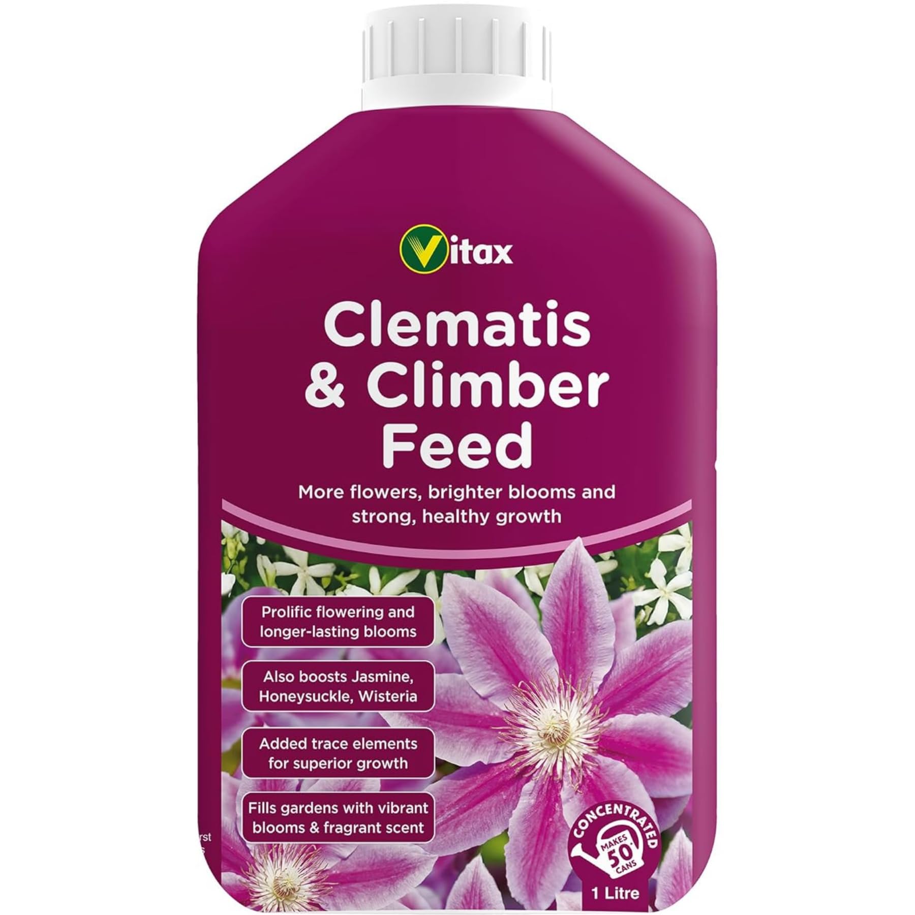 Vitax Clematis & Climber Feed 1L | Specialist NPK 3-3-6 Food for Jasmine Wisteria Honeysuckle & More | Boosts Vibrant Blooms & Healthy Growth | Concentrated Liquid Fertilizer with Trace Elements