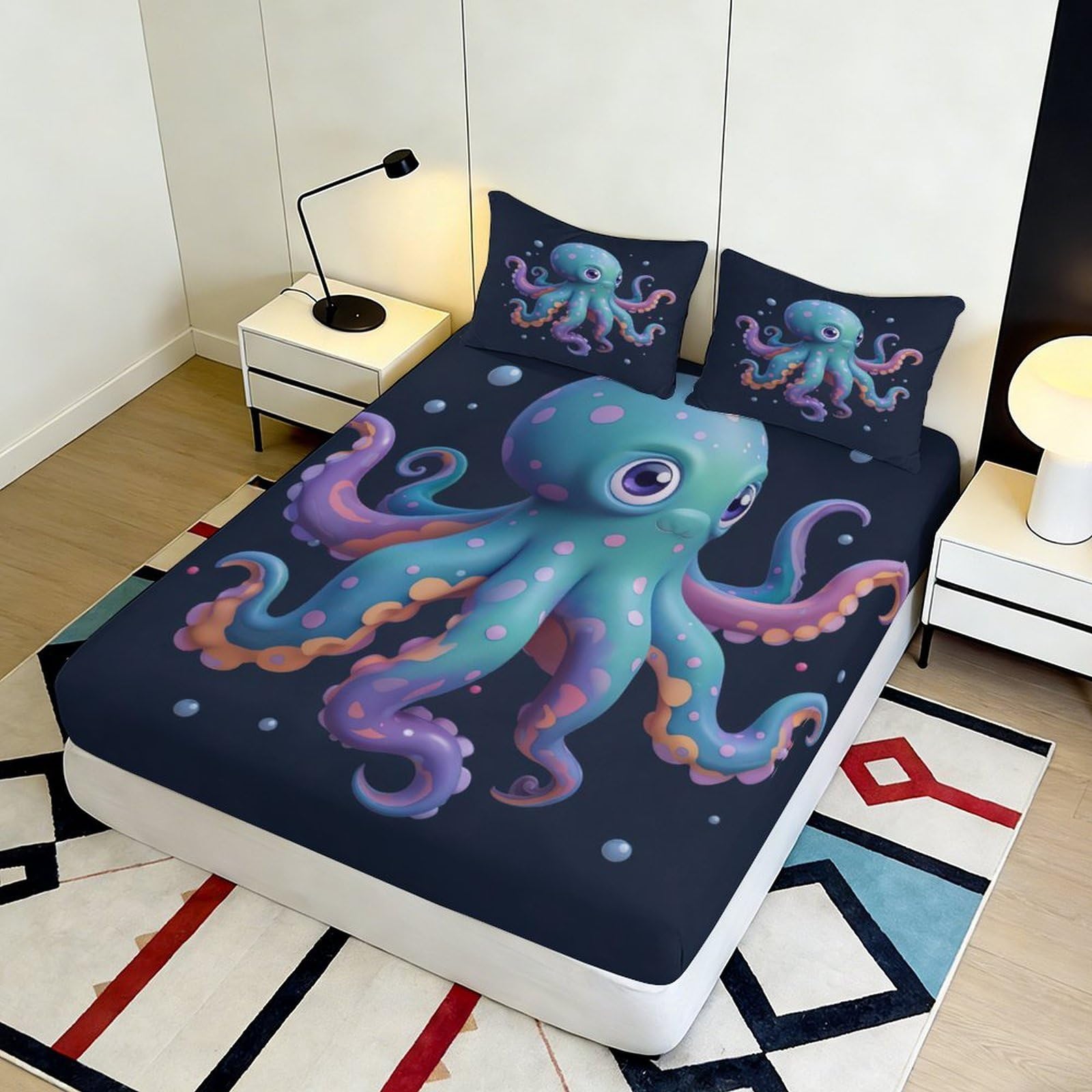 3D Druck Ozean Krake Spannbettlaken Mikrofaser Tiefes Taschen Schlafzimmer Bettwäsche Krake Matratzenschutz Spannbezug rutschfest Waschbar 200x200x25cm