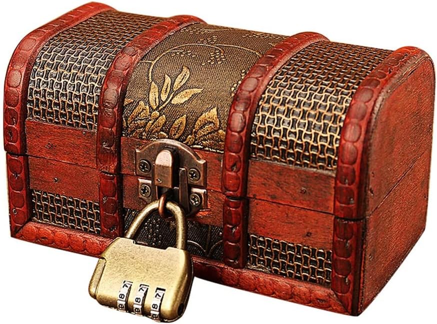 Vintage Wood Case with Lock Storage Container Box Trinket Bracelet Pearl Wooden Treasure Chest(10x6x6.5cm)