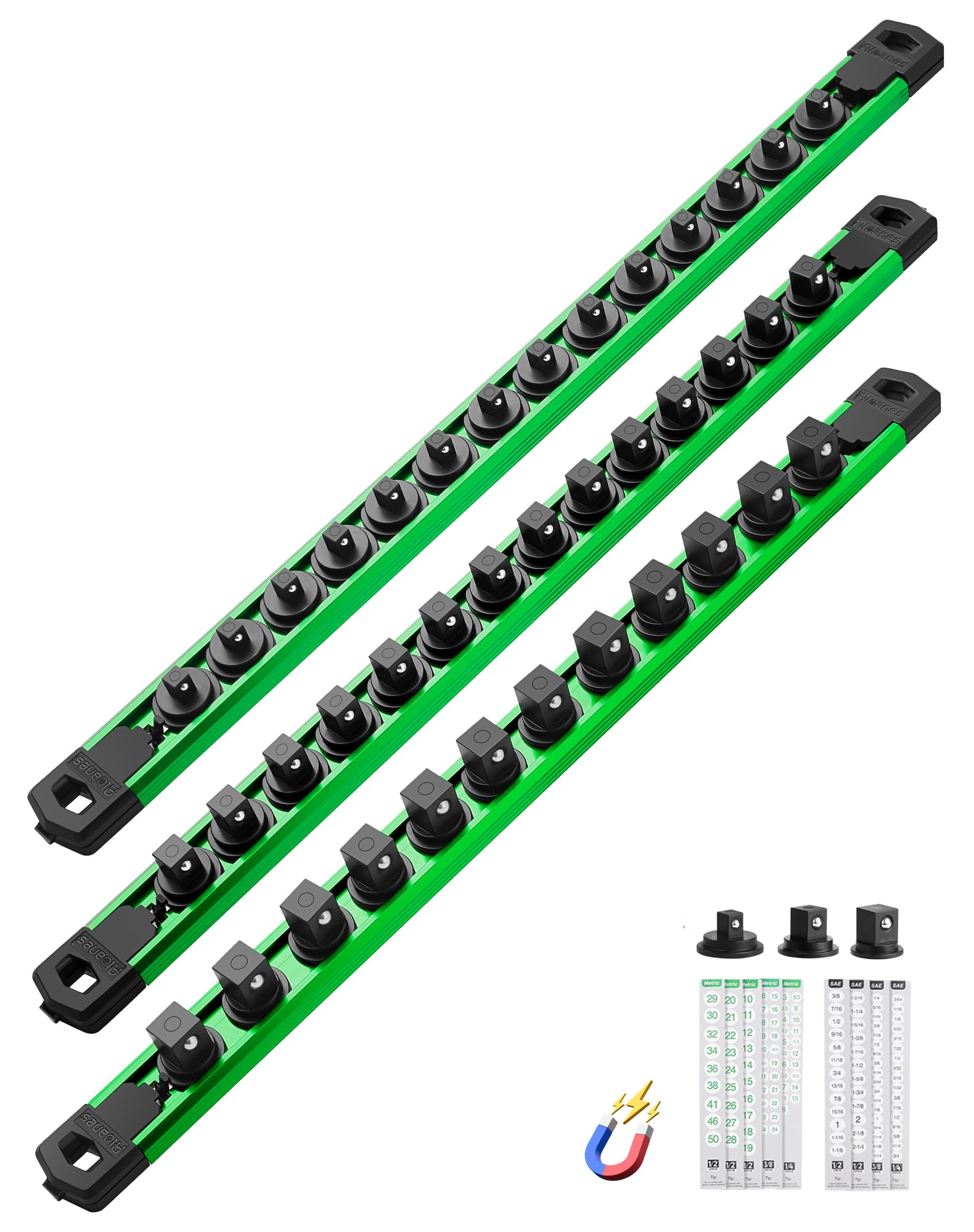 ALOANES Magnetic Socket Organizer, 1/2,3/8,1/4" Rails 40 Clips (Green, 3PC)