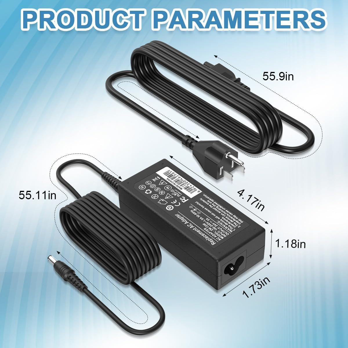 EAGLEGGO 24V 3A AC Adapter with dimensions in inches.