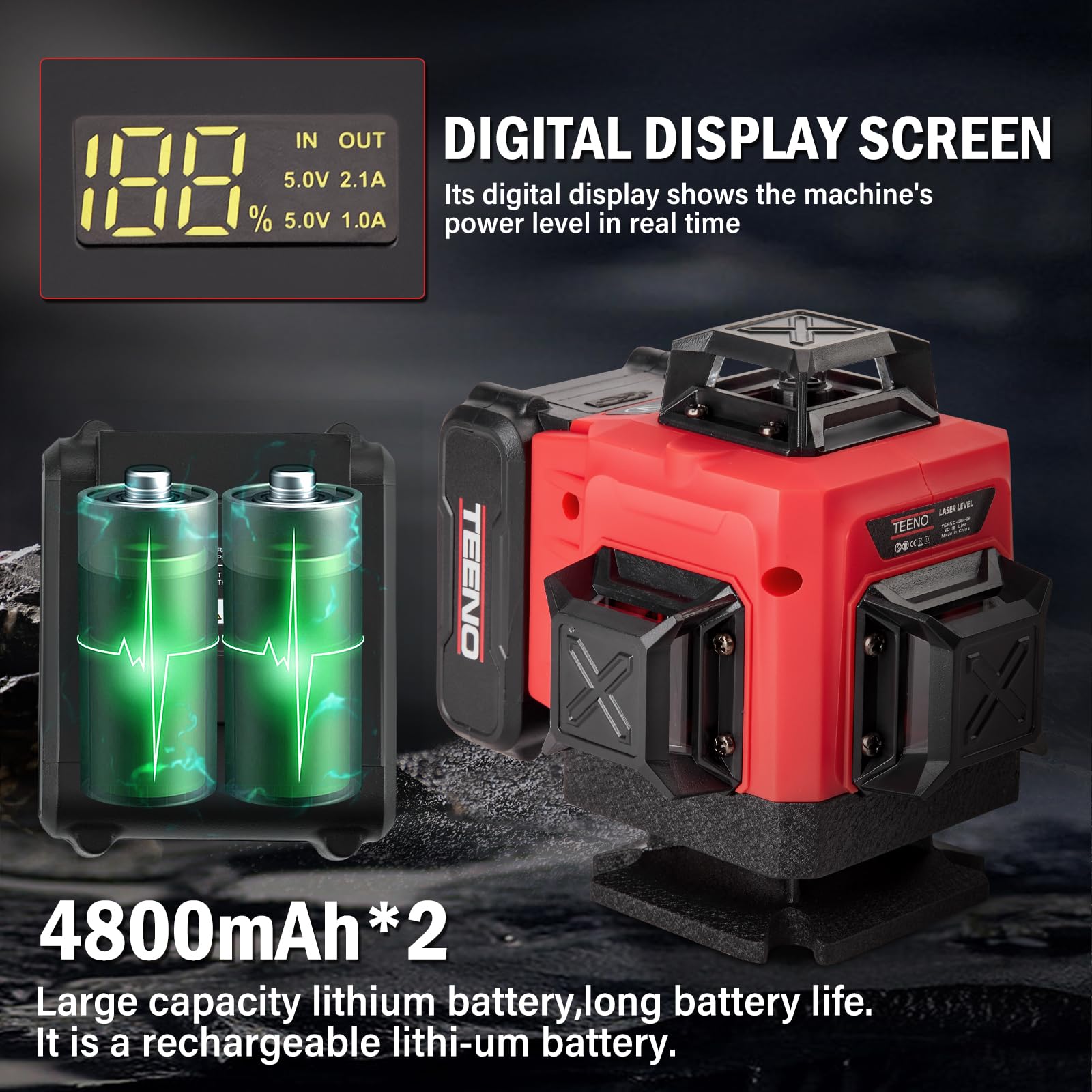 TEENO Livella Laser Verde Autolivellante 16 Linee con Treppiede, Display Digitale LCD,4 X 360 °Livello Laser Autolivellante Verde,Incluso 2 * 4800mAh Batterie,Telecomando, Base Magnetica