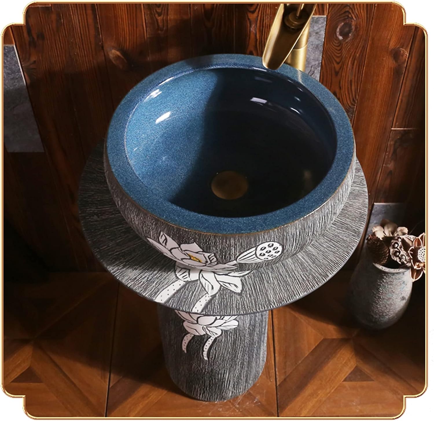 Freestanding pedestal bathroom cylindrical sink solid with pedestal easy to clean floor standing basin unit for indoor and outdoor Q without mirror (J Without mirror) (Q Without mirror)
