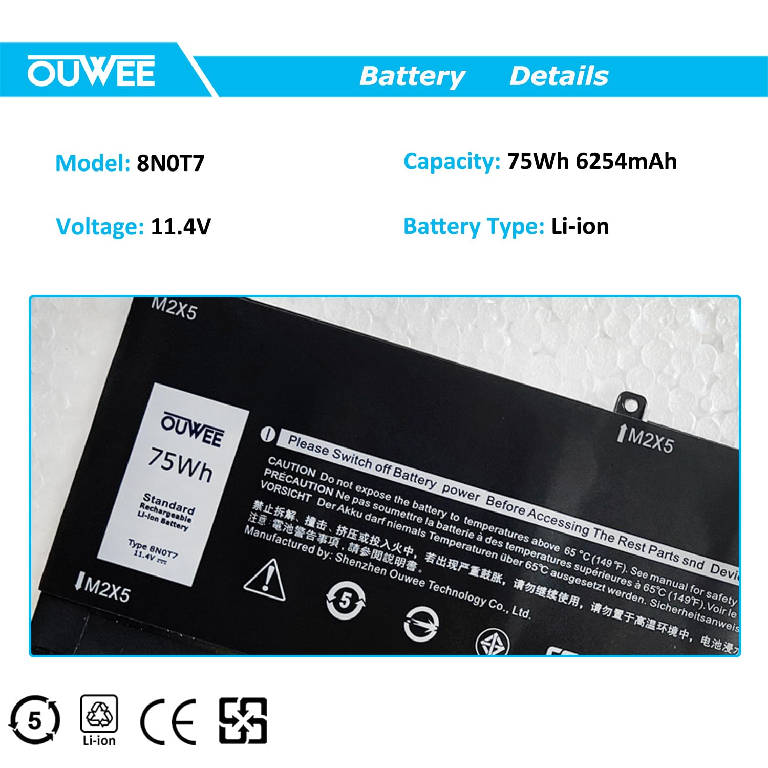 OUWEE 8N0T7 Laptop Battery Compatible with DELL XPS 15 9575 Precision 5530 2-in-1 Series Notebook 8N0T7 08N0T7 TMFYT 0TMFYT 11.4V 75Wh 6254mAh 6-Cell
