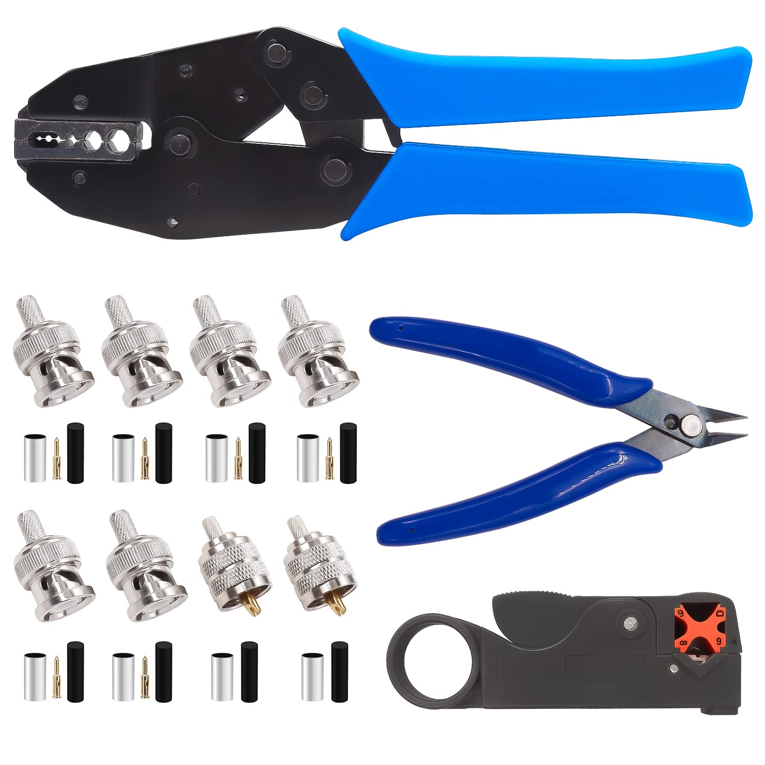 mxuteuk Coaxial Cable Crimping Tool Kit WIth 1PCS Heavy Duty Ratchet Crimp Tool 1PCS Coaxial Wire Stripper 1PCS Wire Cutter And 6PCS BNC/2PCS UHF Crimp Male Connectors for RG58/RG59/RG62/RG142/RG174