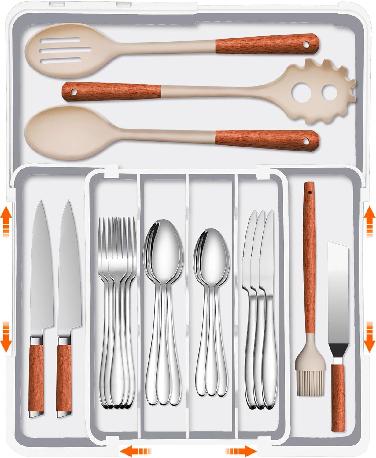 Zhuiyiwin White-S Cutlery Drawer Organiser, Expandable Kitchen Drawer Organiser, Expandable Utensil Tray With 2 Removable Knife Blocks, Utensil Organiser For Multipurpose Kitchen Storage (White-S)