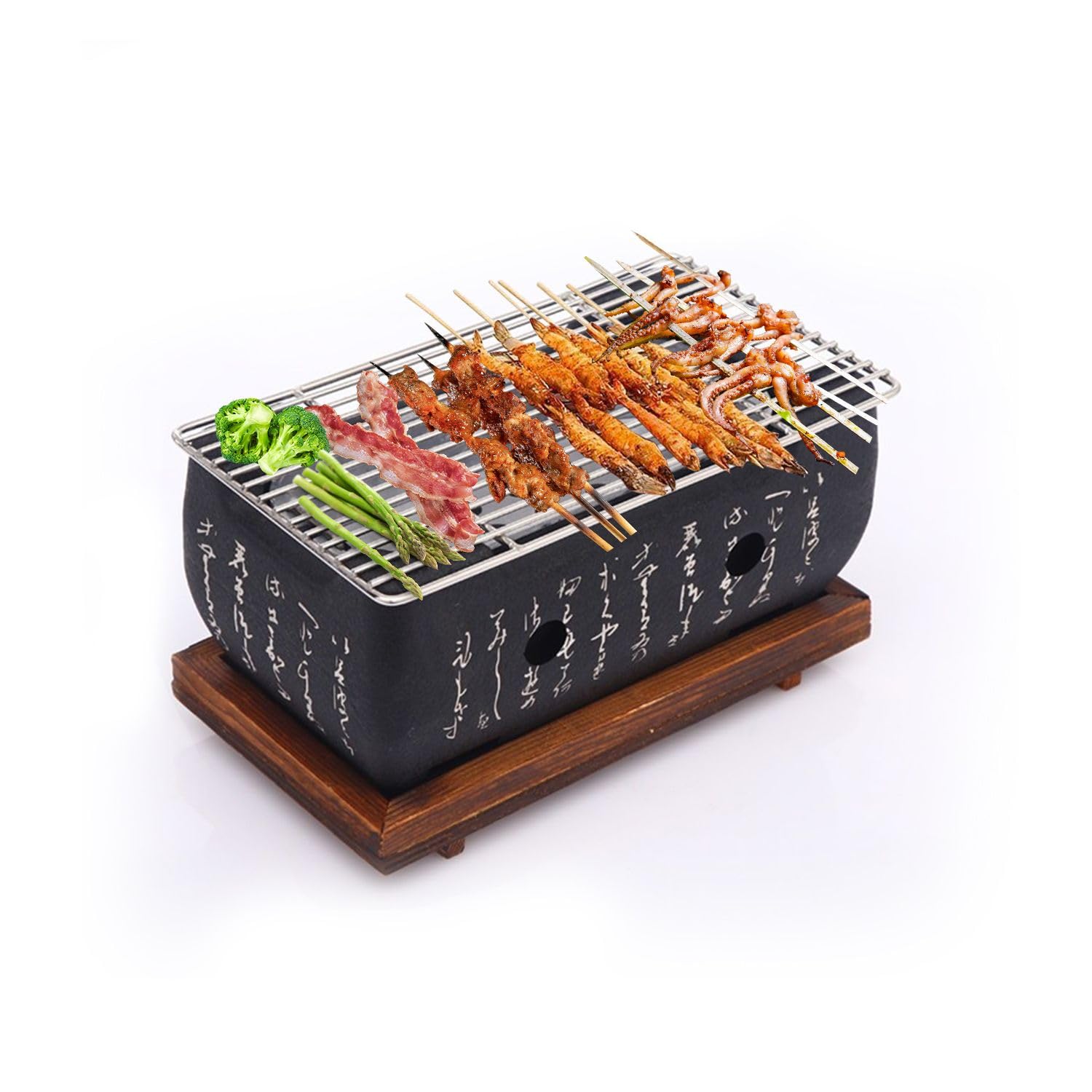 Mini parrilla de carbón con base de madera que aísla el calor en mesa