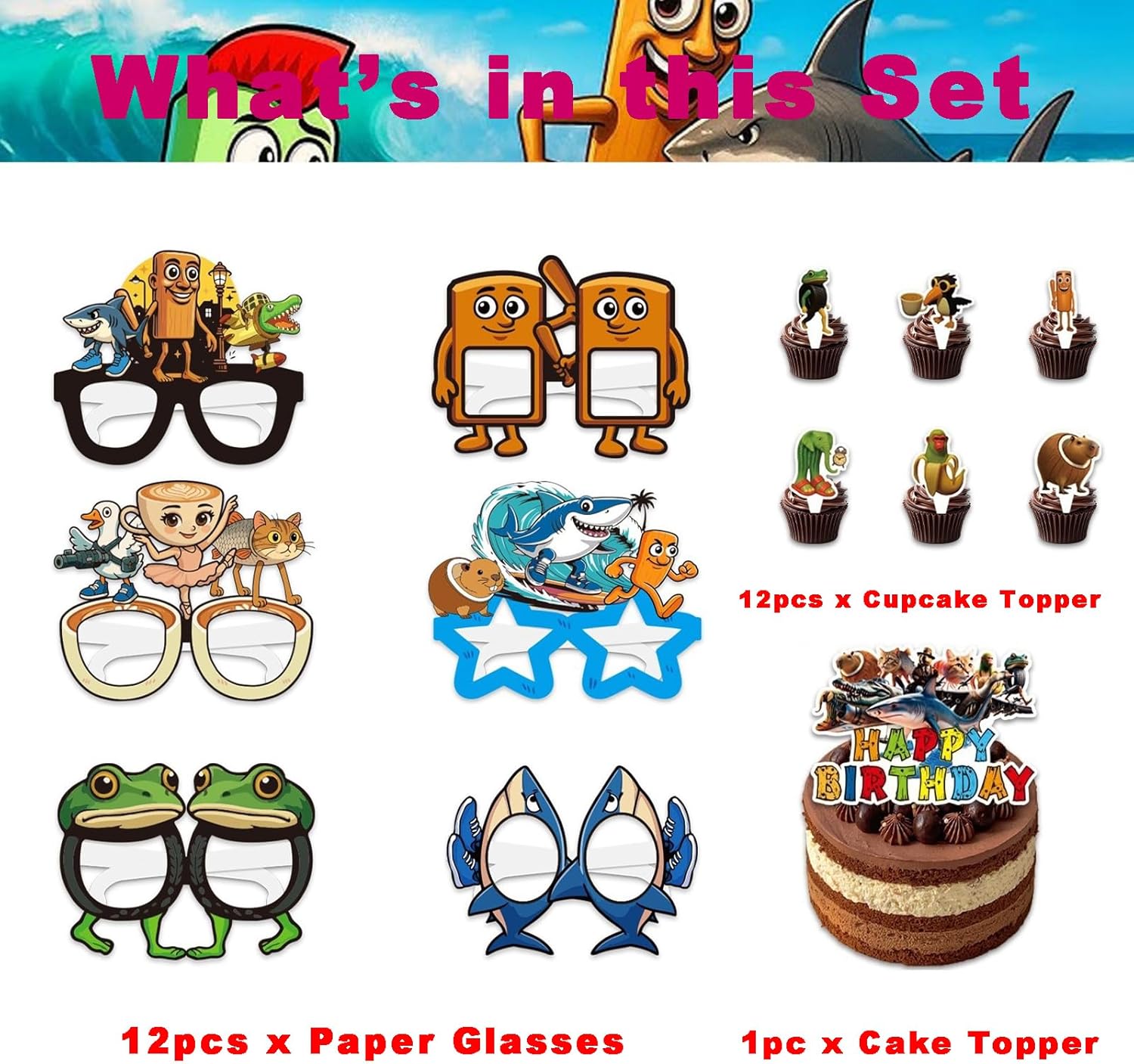 Brain Rot Party Decorations, Including 15pcs Banners, 1pc Happy Birthday Backdrop, 16pcs Balloons, 12pcs Cute Glasses, 12pcs Cupcake Toppers and 1pc Big Cake Topper