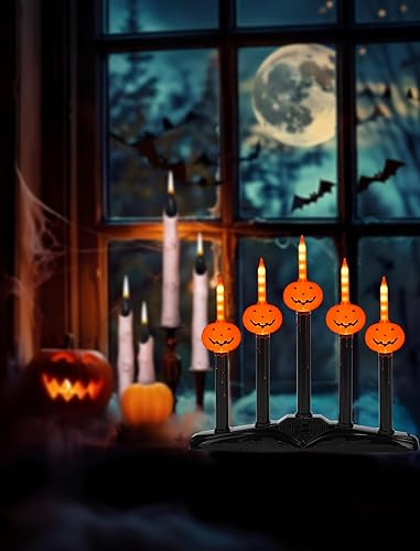 Miniatura 5 de Candelabro de Halloween, decoración gótica enchufable con 3 luces LED parpadeantes, candelabro de calavera iluminado para tema de mansión encantada,