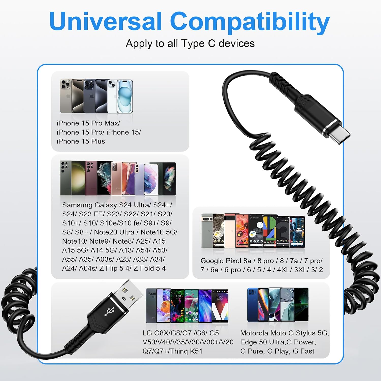 USB to USB C Coiled Cable Fast Charging for iPhone 17e/17/Air/17 Pro/17 Pro Max/16e/16/16 Pro/16 Pro Max/16 Plus/15,3FT Retractable Car Charger Cord Android Auto for Samsung Galaxy A17 S26,Pixel 10a