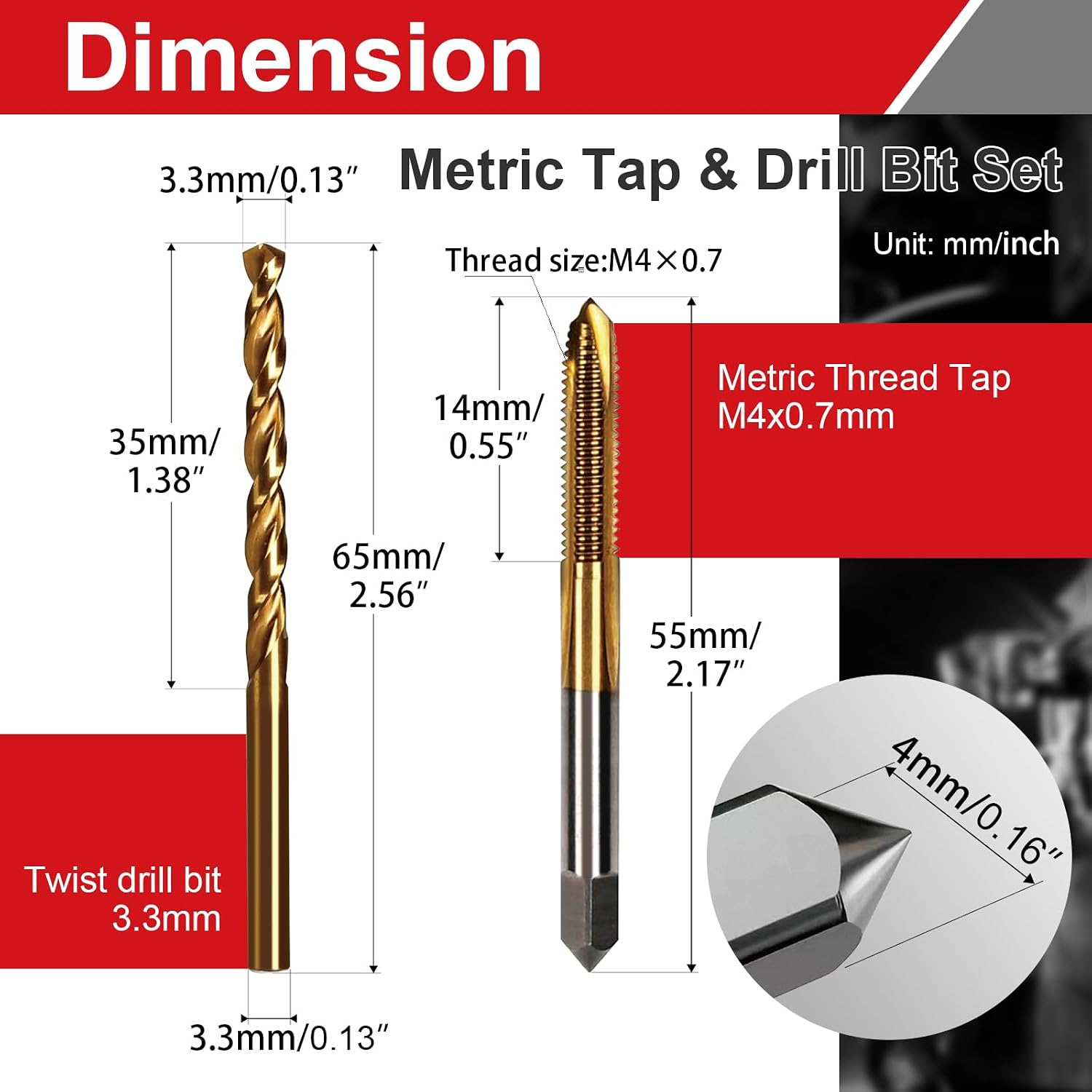 M4x0.7 Tap and 3.3mm Drill Bit Set, HSS M2 Taps and M35 Cobalt Drill Bits