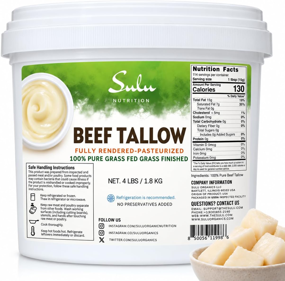 100% Pure Fully Rendered Grass Fed Grass Finished Beef Tallow- (4 lbs)