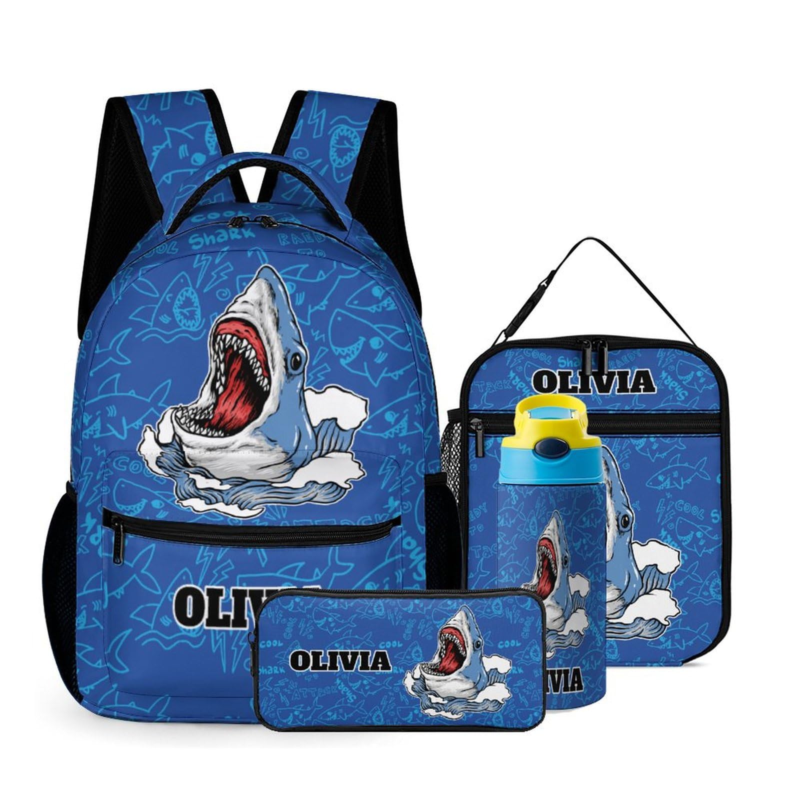 THCNKUI Custom Cartoon Shark 4Pcs Backpack Set with Lunch Bag Pencil Case Water Bottle Personalized Name Text School Book Bags Customized Backpack Set