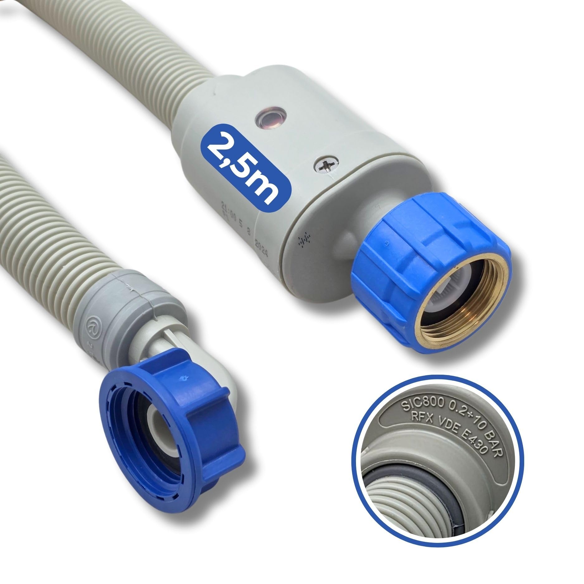 LICHTBLAU Aquastop Schlauch 2,5 m – Waschmaschine & Spülmaschine – 3/4 Zoll Zulaufschlauch mit mechanischem Wasserstopp, VDE geprüft, Sicherheitsventil, Winkelanschluss