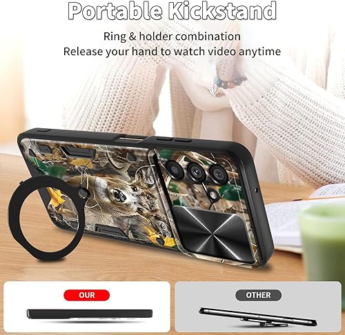 Vista 324 de Funda para Samsung Galaxy A13 5G con cubierta deslizante para lente de cámara y anillo giratorio de 360 grados, soporte híbrido de doble capa Flores