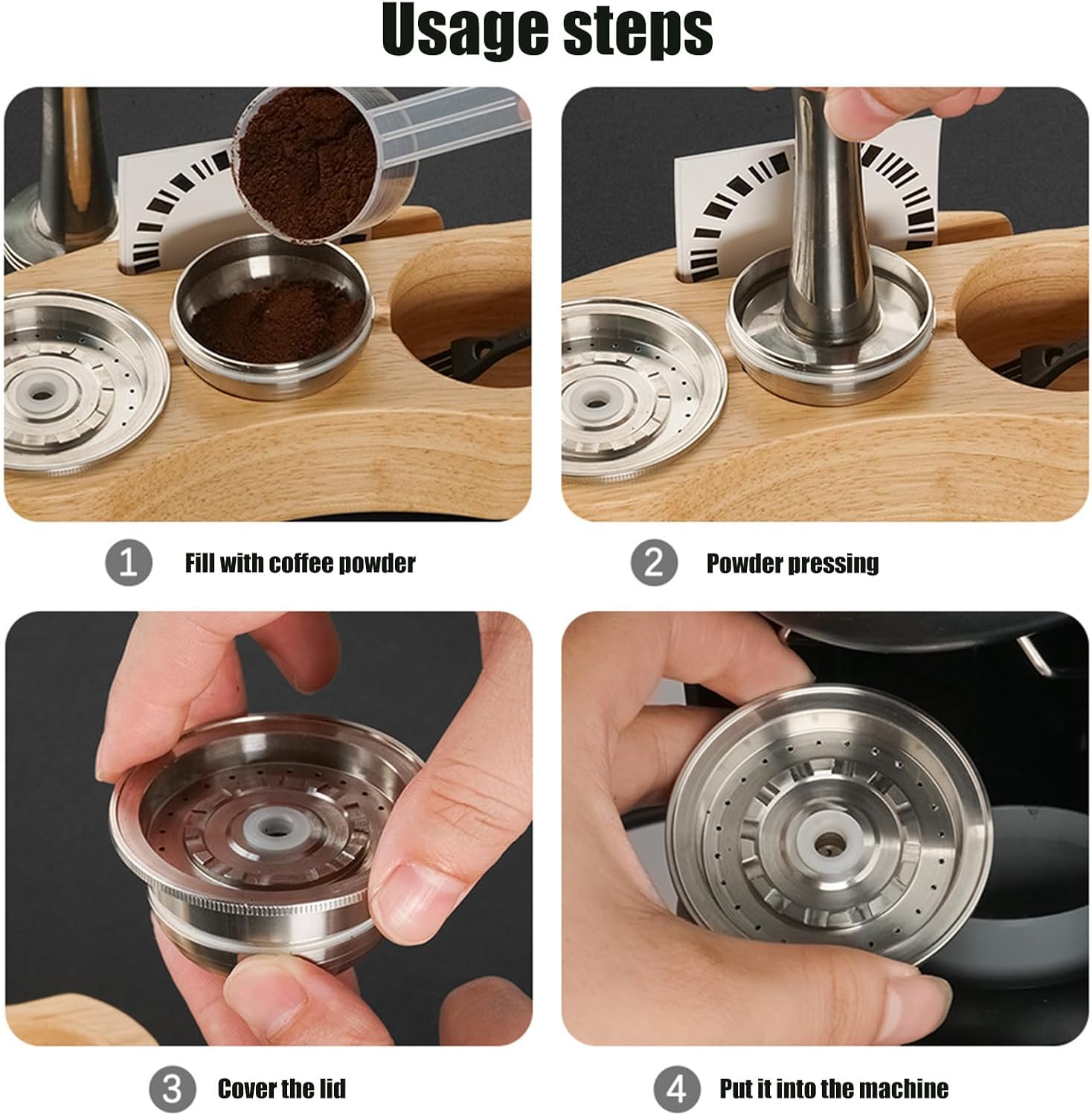 Metal Coffee Pods Holder with Tamper and Refillable Base Space-Saving Design for Machines Coffee Pods Storage Base