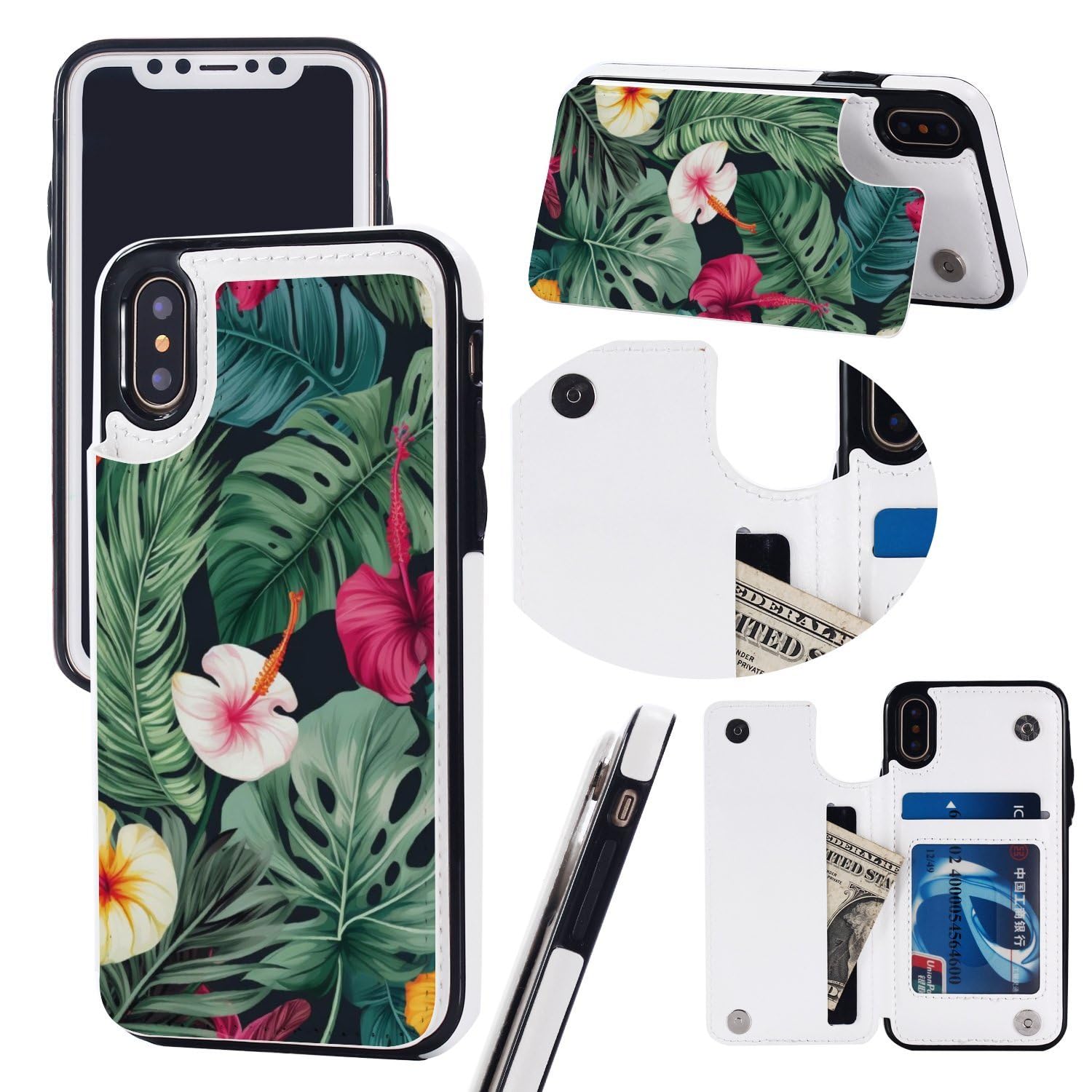 Etui portfelowe na iPhone'a X/XS, Hojas Tropicales Y Flores nadruki skórzane etui na telefon z klapką z przegródkami na karty